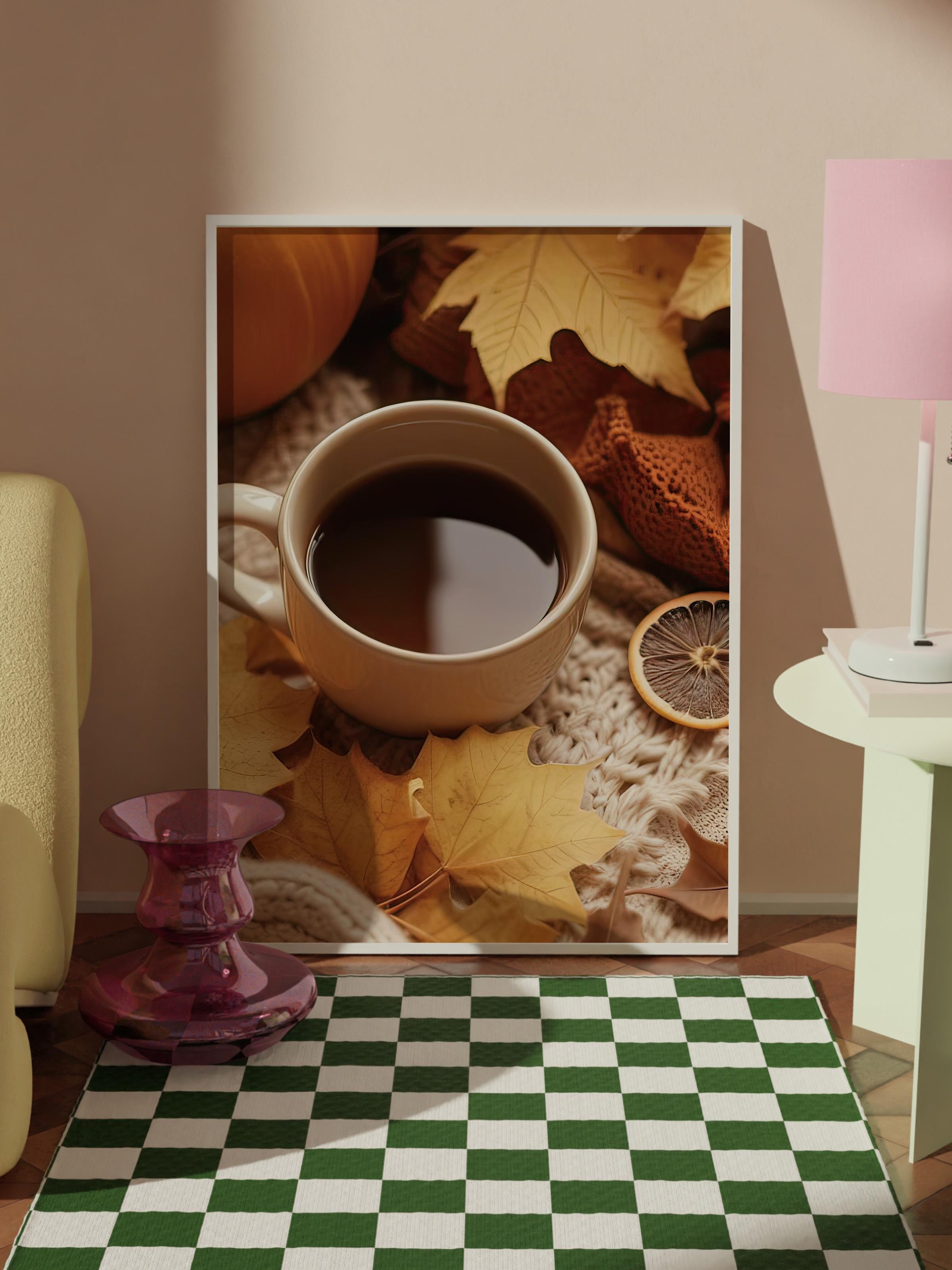 Autumn Tea Çerçeveli Tablo, Beyaz Çerçeve ve Poster, Dikey Duvar Tablosu Comfort Serisi NO:108348