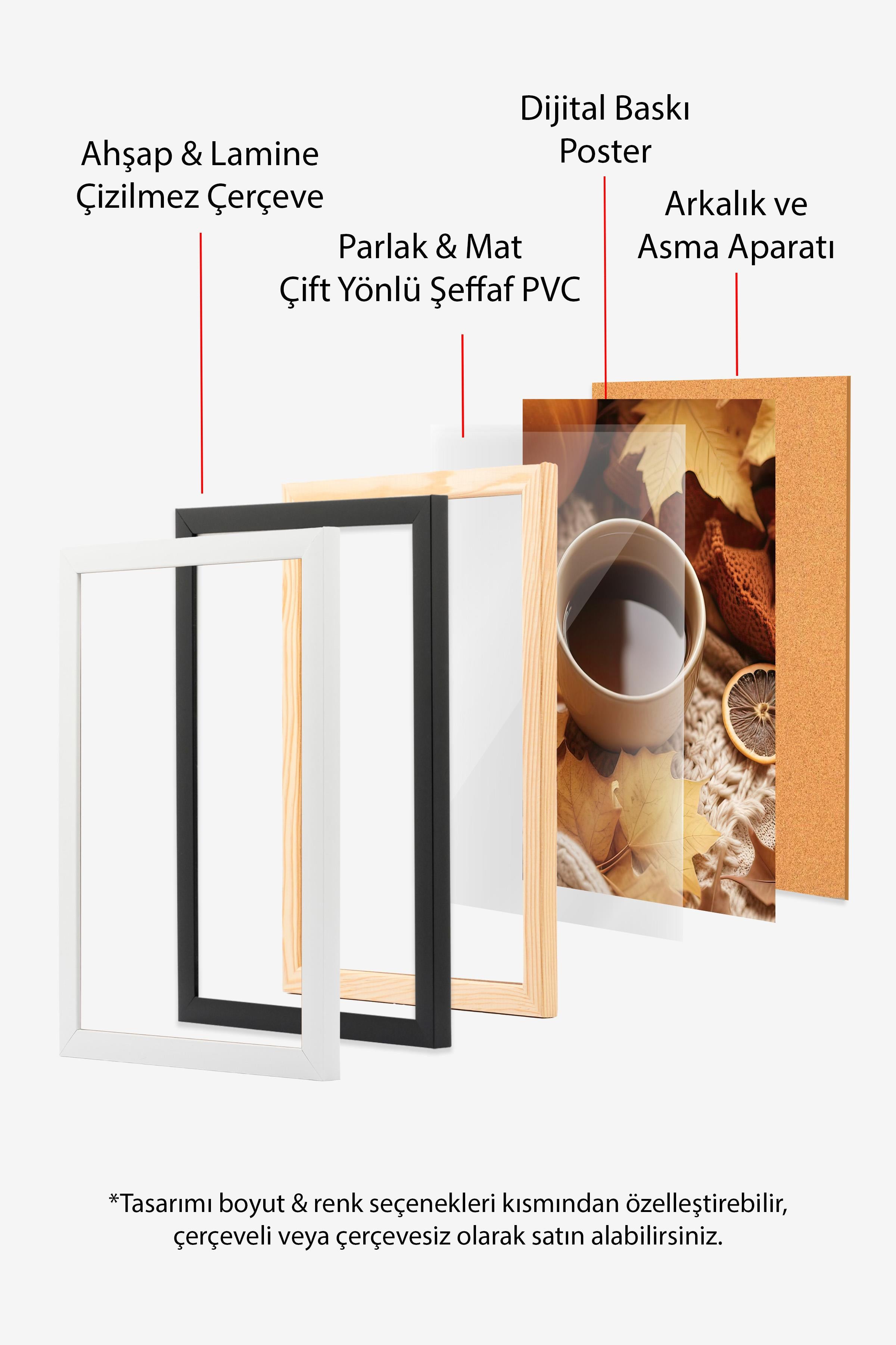 Autumn Tea Çerçeveli Tablo, Beyaz Çerçeve ve Poster, Dikey Duvar Tablosu Comfort Serisi NO:108348