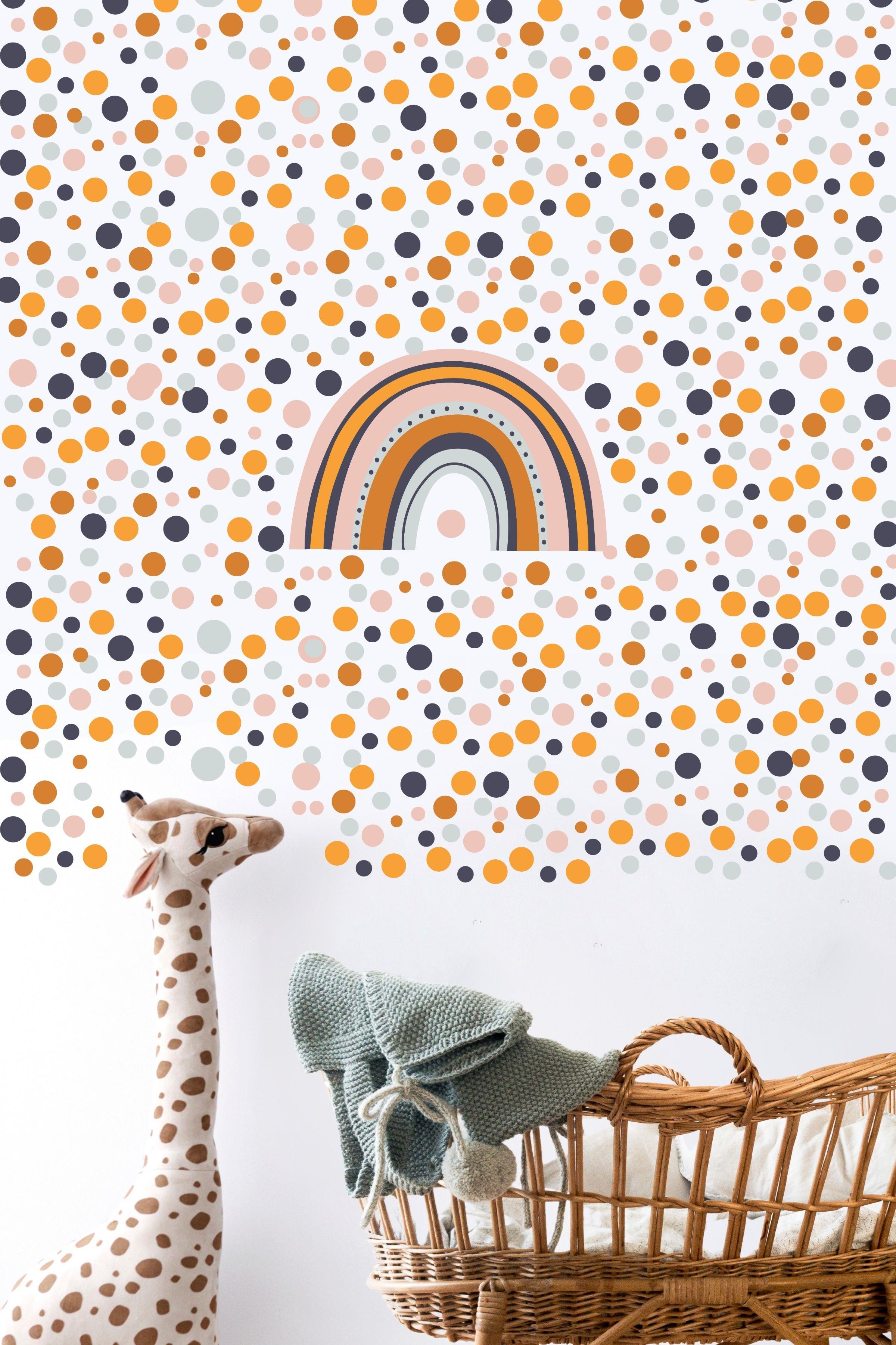 Bebek Odası Sticker Seti Duvar Dekoru, Gökkuşağı ve Puantiye Desen, Çocuk Odası Duvar Stickerı