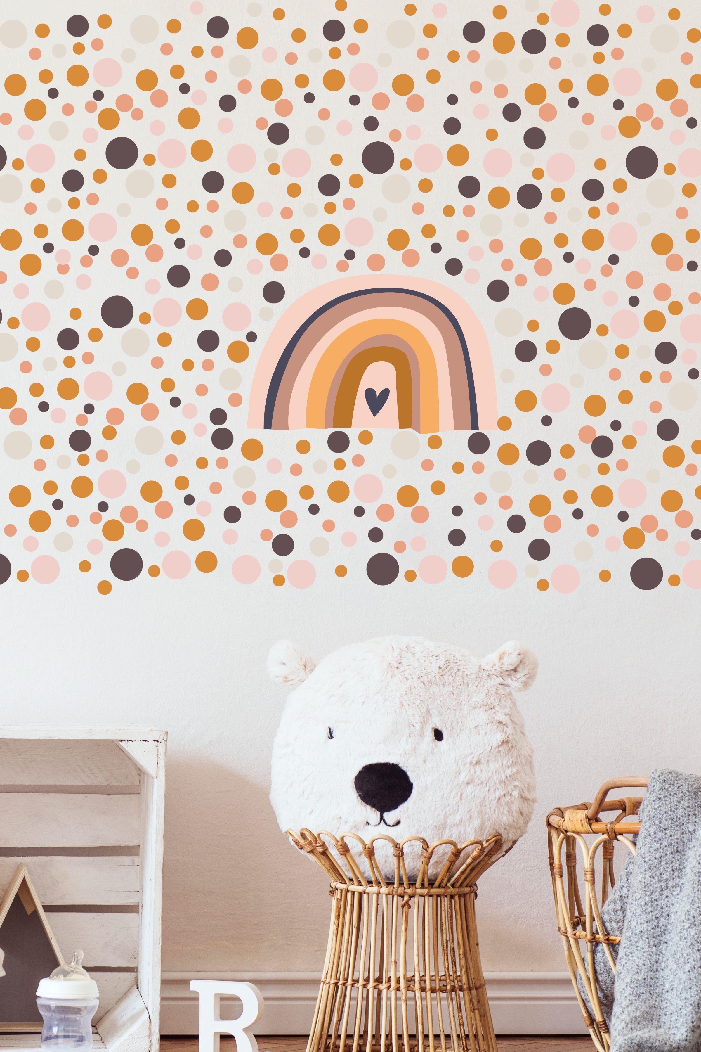 Bebek Odası Sticker Seti Duvar Dekoru, Gökkuşağı ve Puantiye Desen, Çocuk Odası Duvar Stickerı