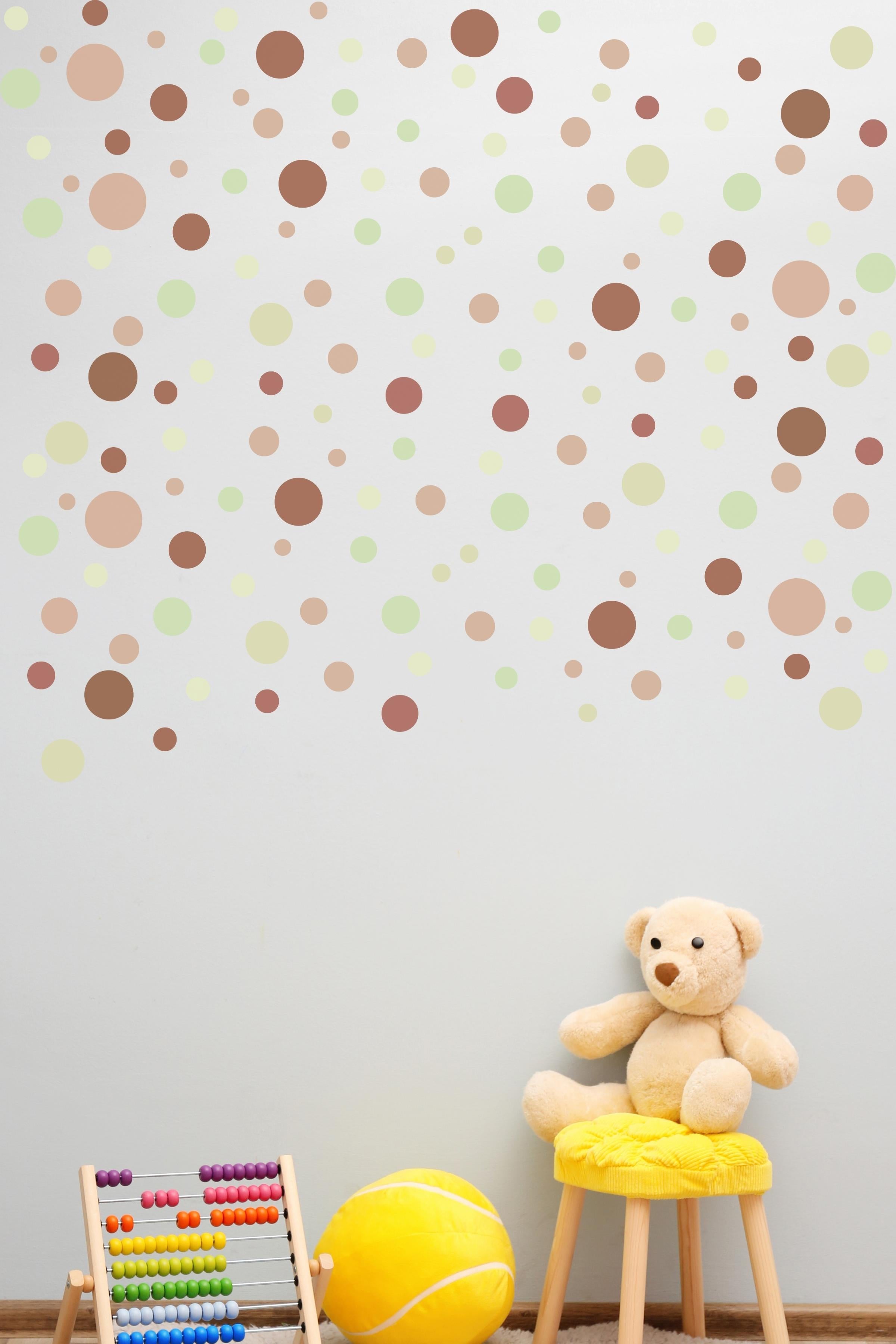 Bebek Odası Sticker Seti Duvar Dekoru, Kahverengi & Gül Kurusu Puantiye Desen, Çocuk Odası Duvar Stickerı