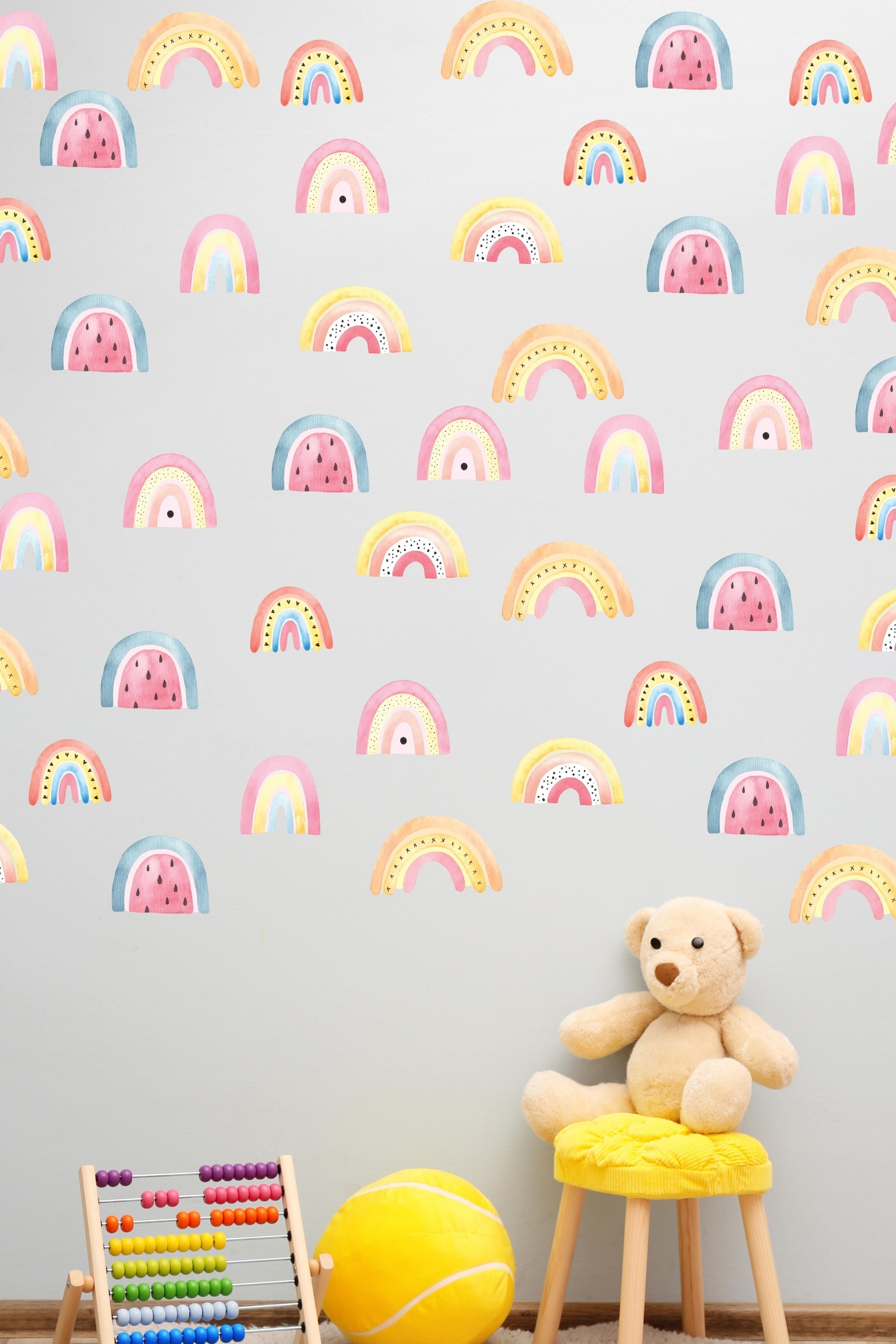 Bebek Odası Sticker Seti Duvar Dekoru, Mini Pembe 83 Gökkuşağı, Çocuk Odası Duvar Stickerı