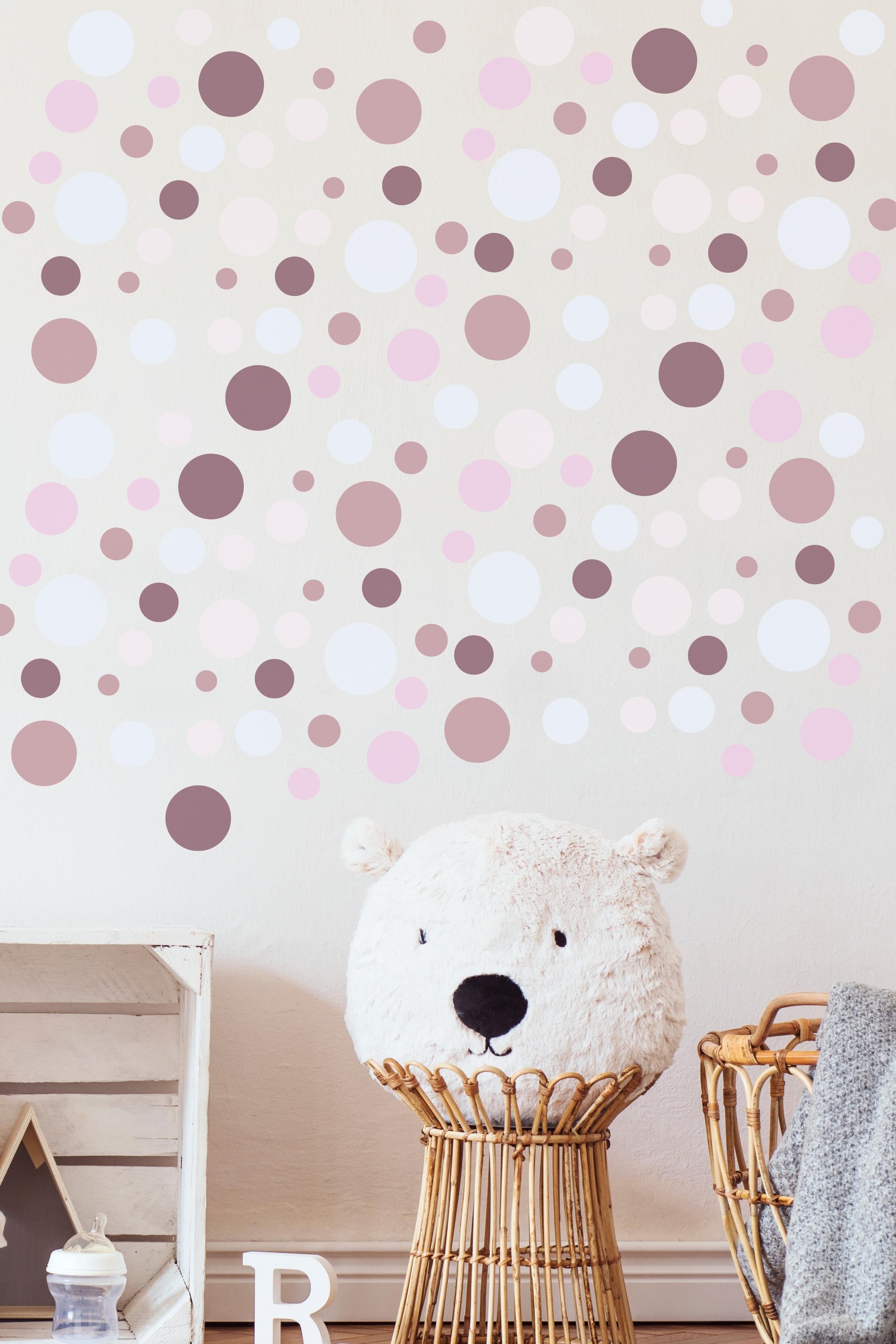 Bebek Odası Sticker Seti Duvar Dekoru, Mor Puantiye Desen, Çocuk Odası Duvar Stickerı