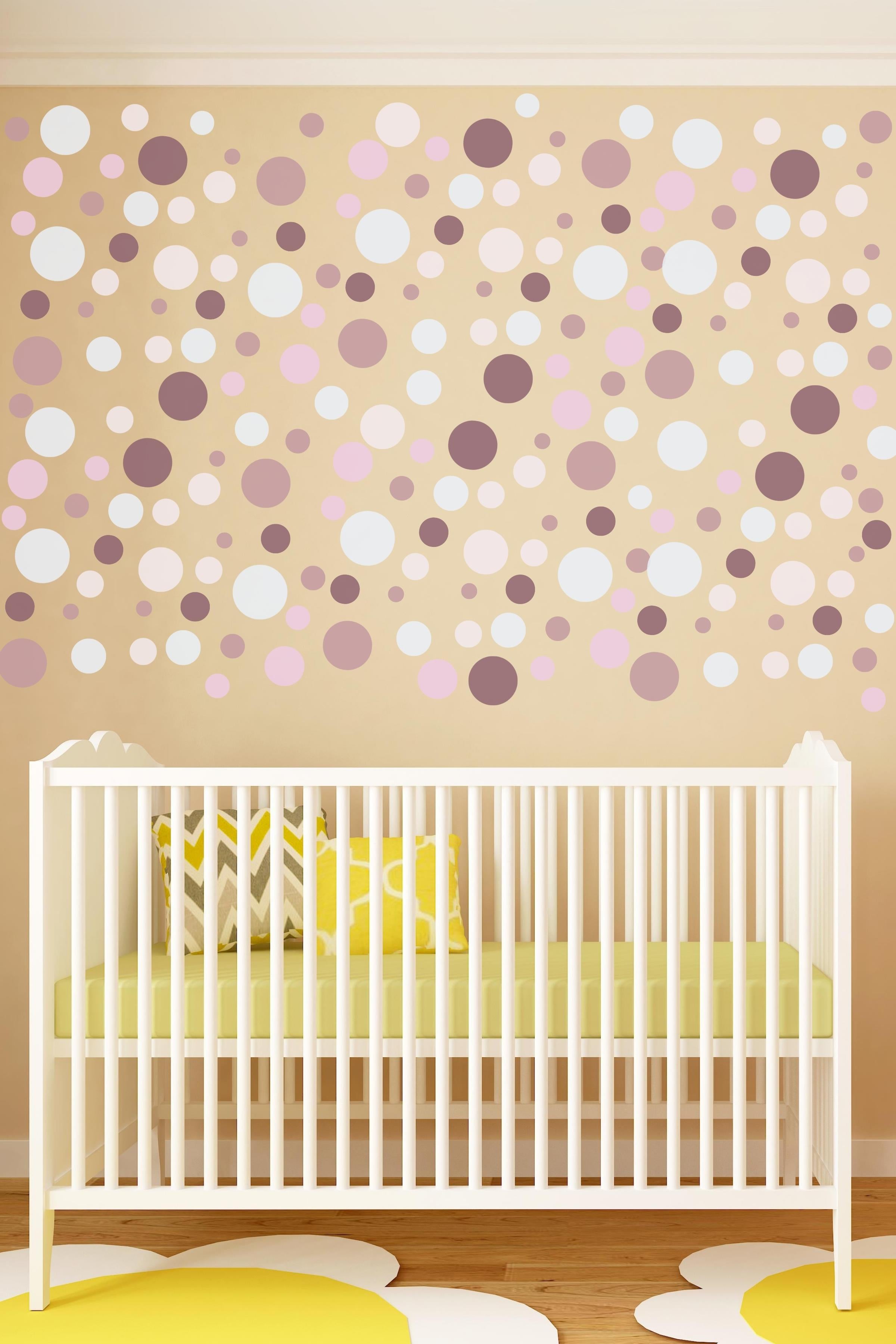 Bebek Odası Sticker Seti Duvar Dekoru, Mor Puantiye Desen, Çocuk Odası Duvar Stickerı