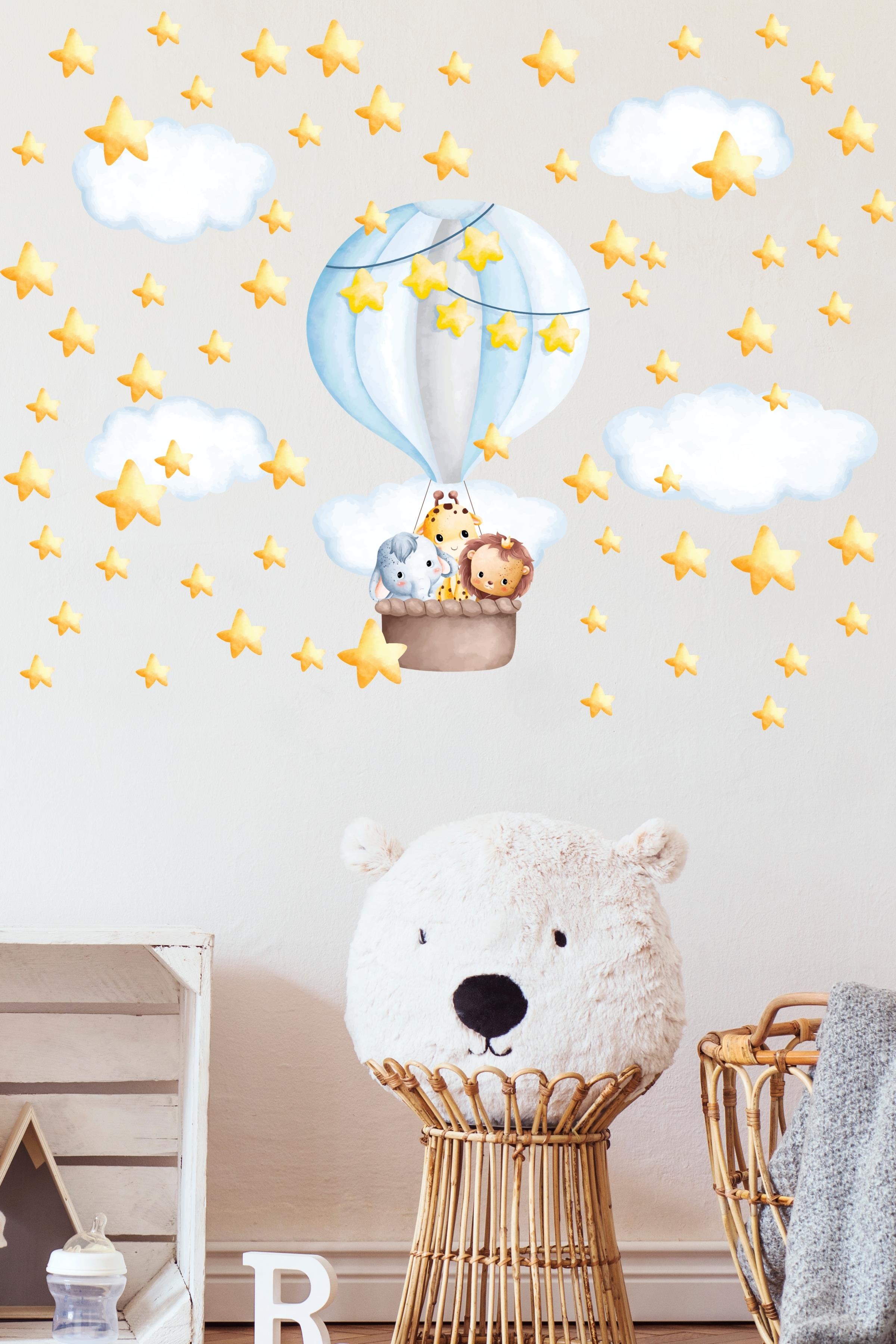 Bebek Odası Sticker Seti Duvar Dekoru,  Suluboya Uçan Balon Desen, Çocuk Odası Duvar Stickerı