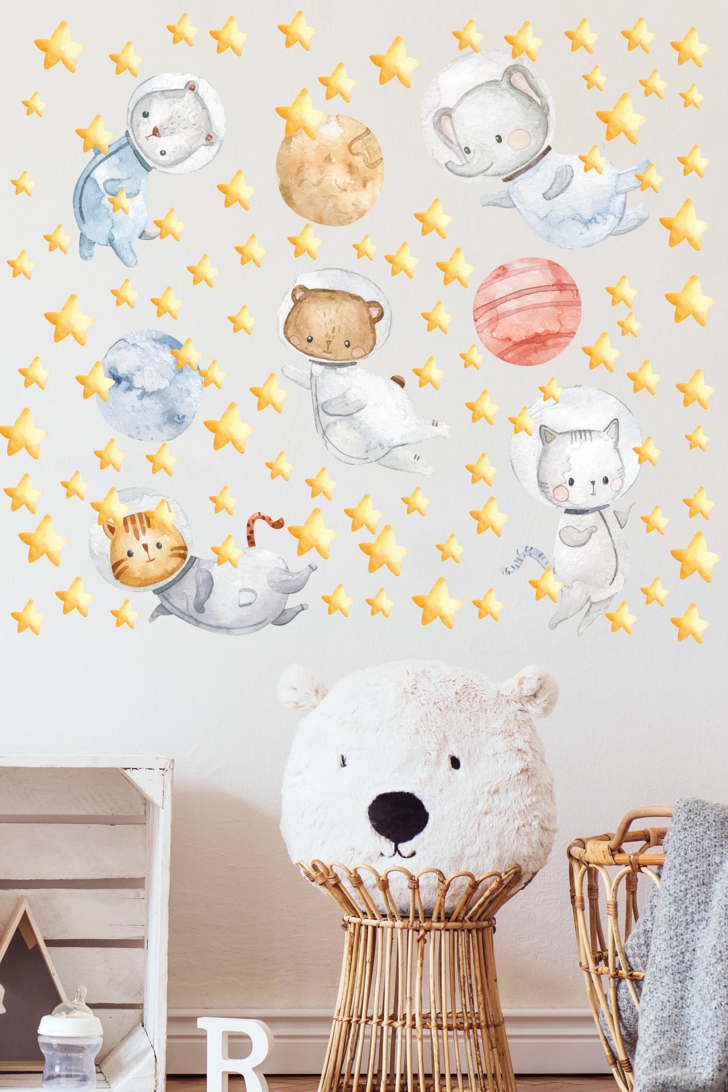 Bebek Odası Sticker Seti Duvar Dekoru, Suluboya Uzay Desen, Çocuk Odası Duvar Stickerı