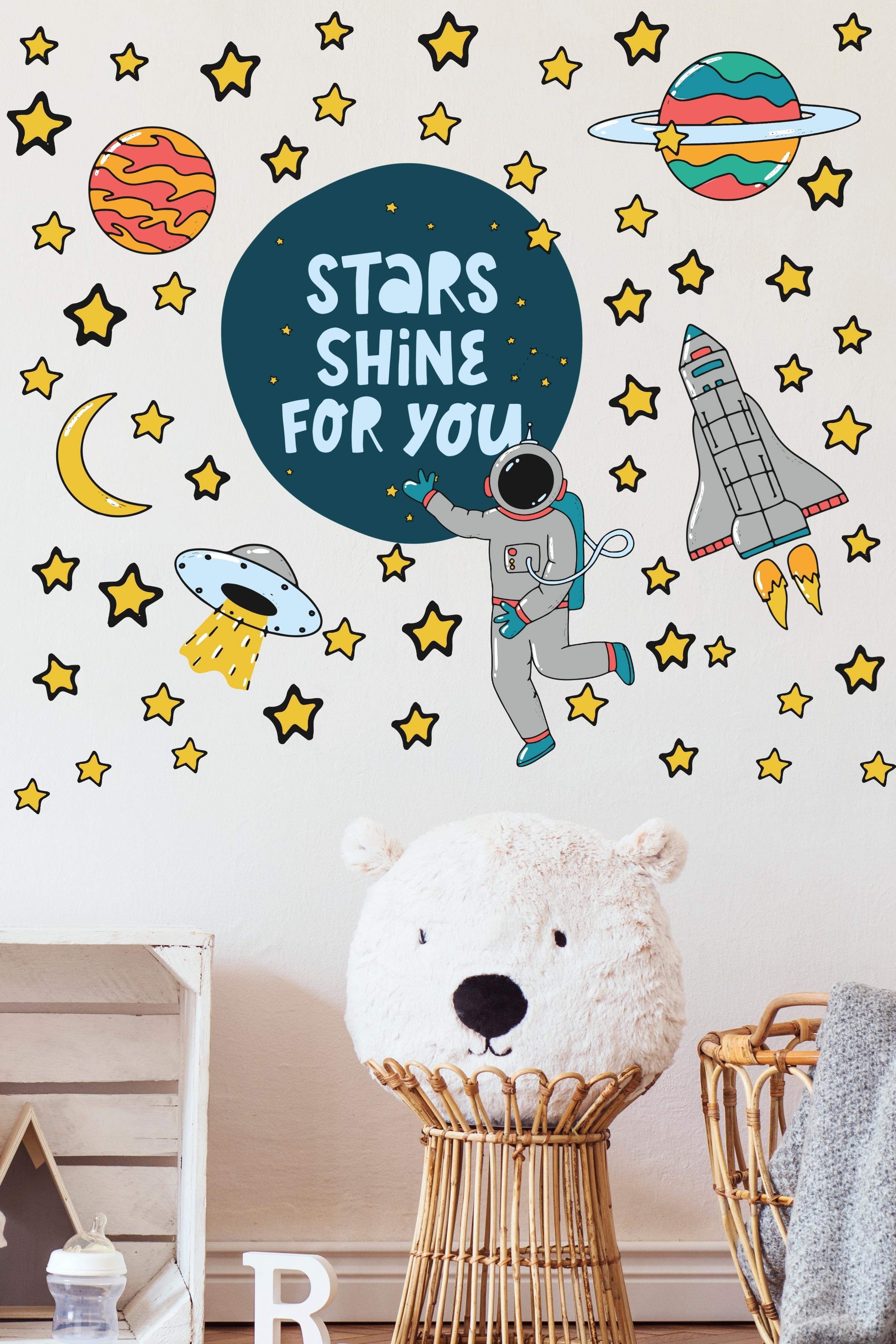 Bebek Odası Sticker Seti Duvar Dekoru, Uzay Temalı, Çocuk Odası Duvar Stickerı, Yapışkanlı Duvar Stickerı