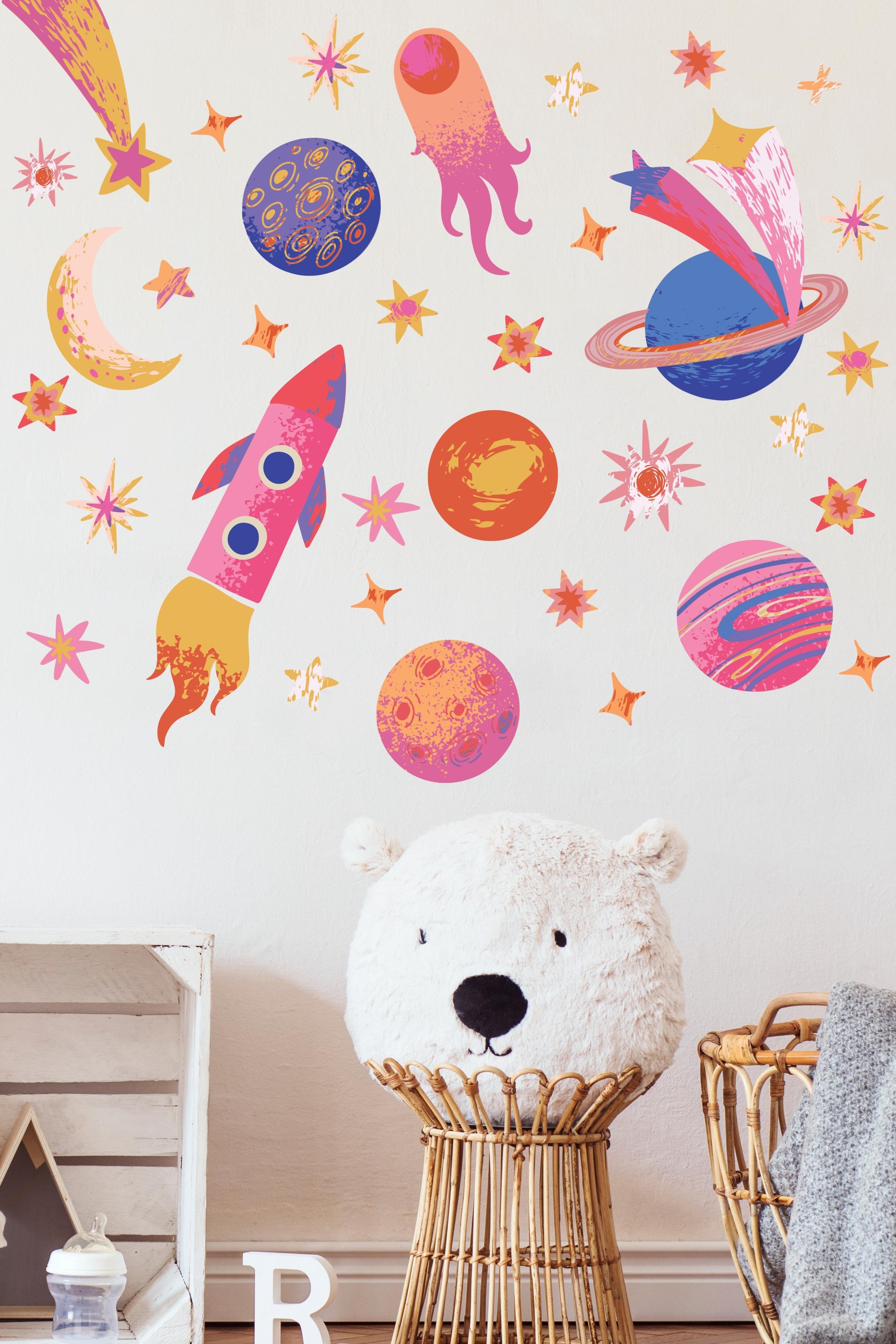 Bebek Odası Sticker Seti Duvar Dekoru, Uzay Temalı, Çocuk Odası Duvar Stickerı, Yapışkanlı Duvar Stickerı