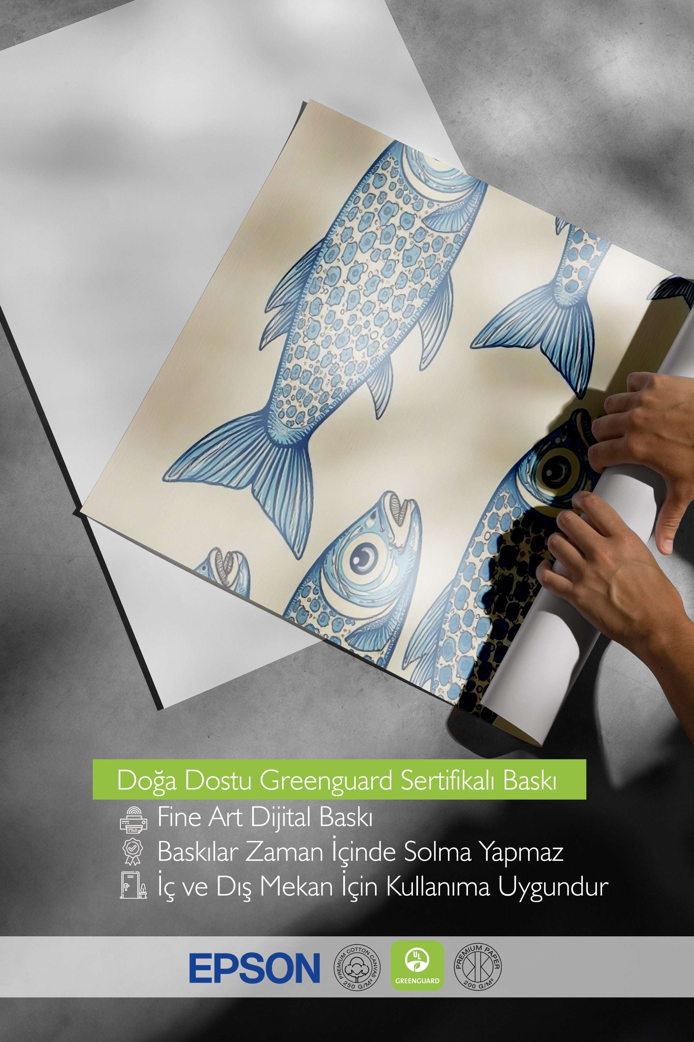 Beyaz Çerçeveli Poster, Balıklar, İllüstrasyon, Mavi Renk Poster, 2025 Yaz Seçkisi, NO:109586