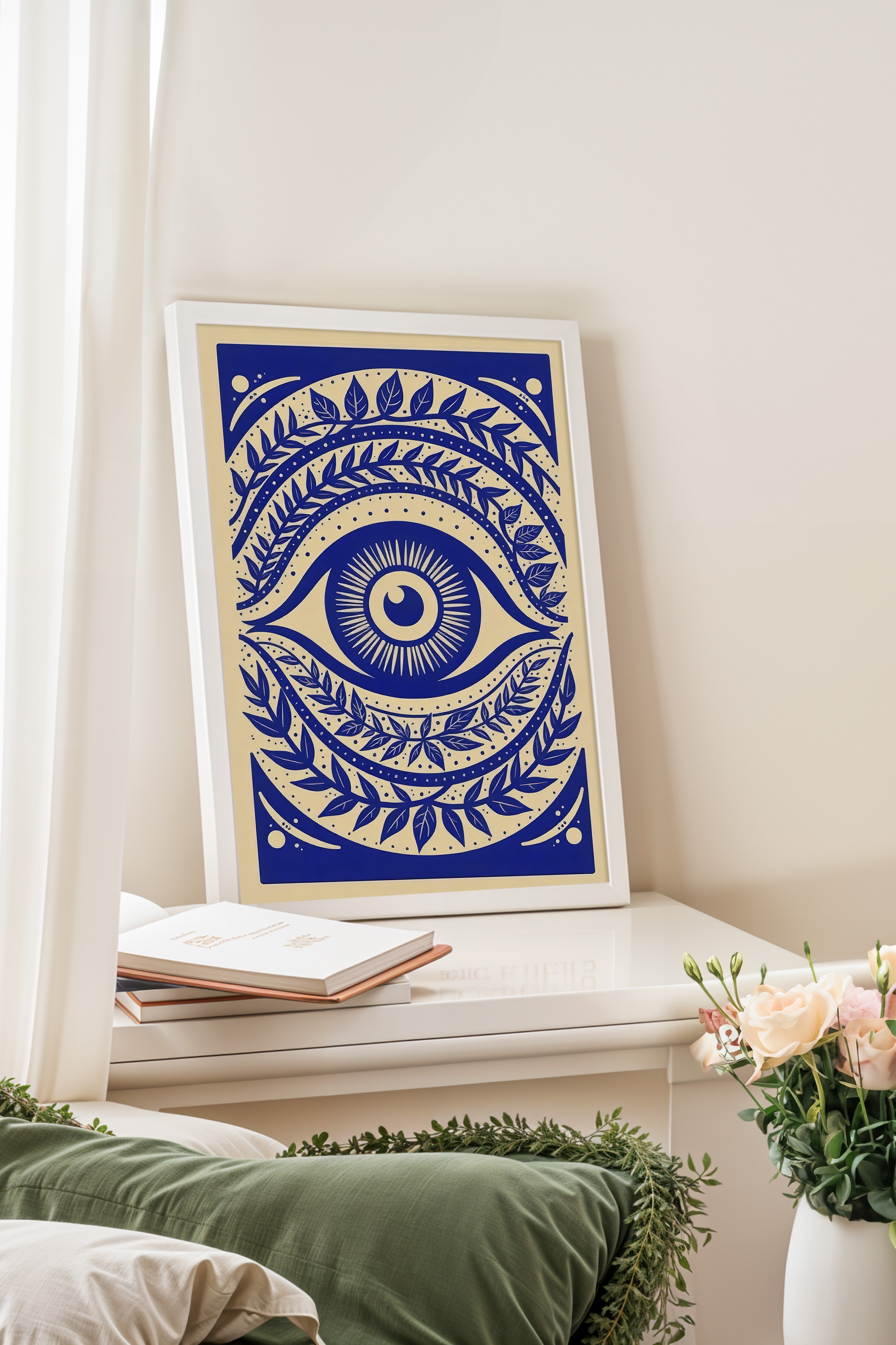Beyaz Çerçeveli Poster, Büyüleyici Göz, İllüstrasyon, Mavi Renk Poster, 2025 Yaz Seçkisi, NO:109592