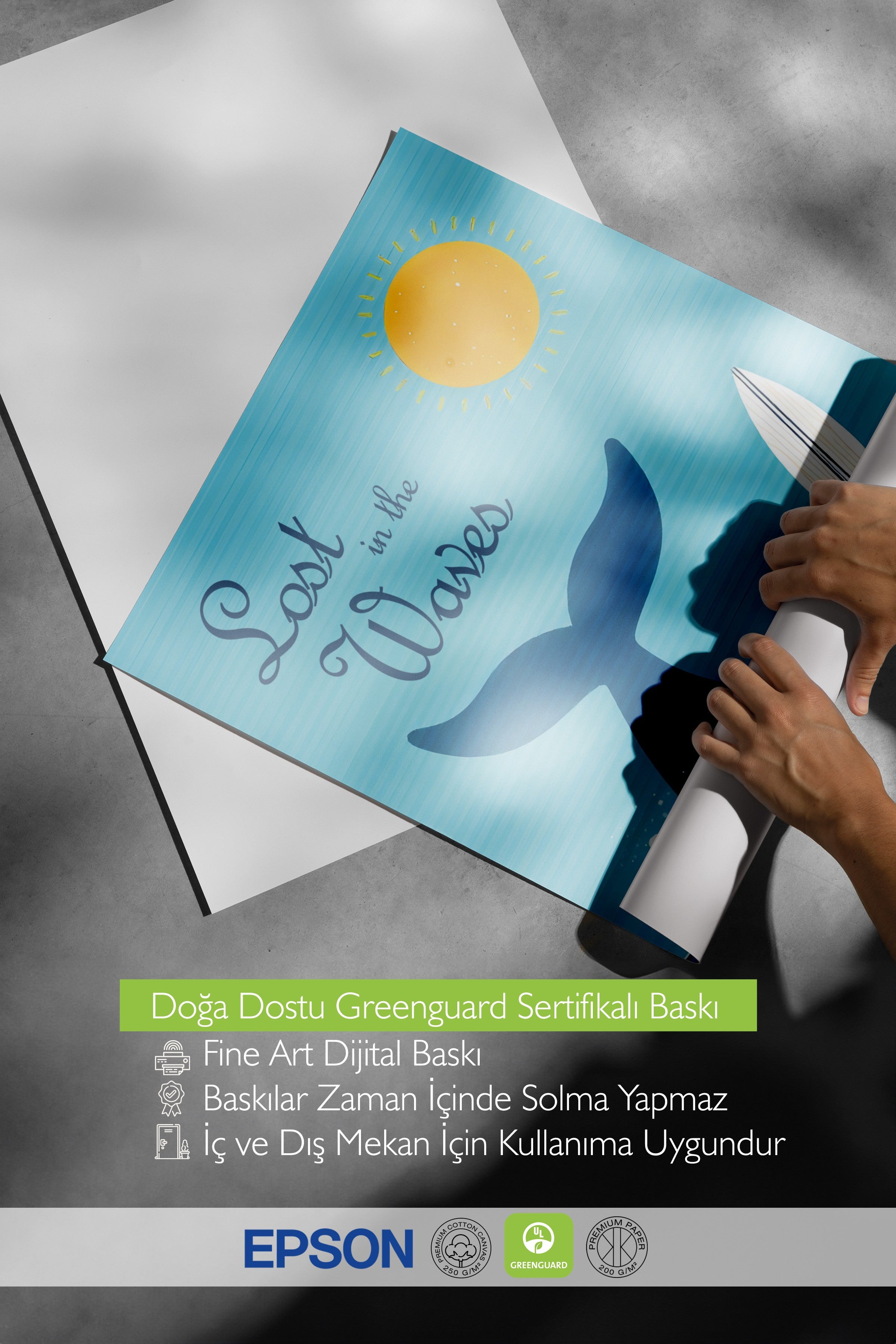Beyaz Çerçeveli Poster, Dalgalar Arasında Kaybolmuş, İllüstrasyon, Mavi Renk Poster, 2025 Yaz Seçkisi, NO:109626