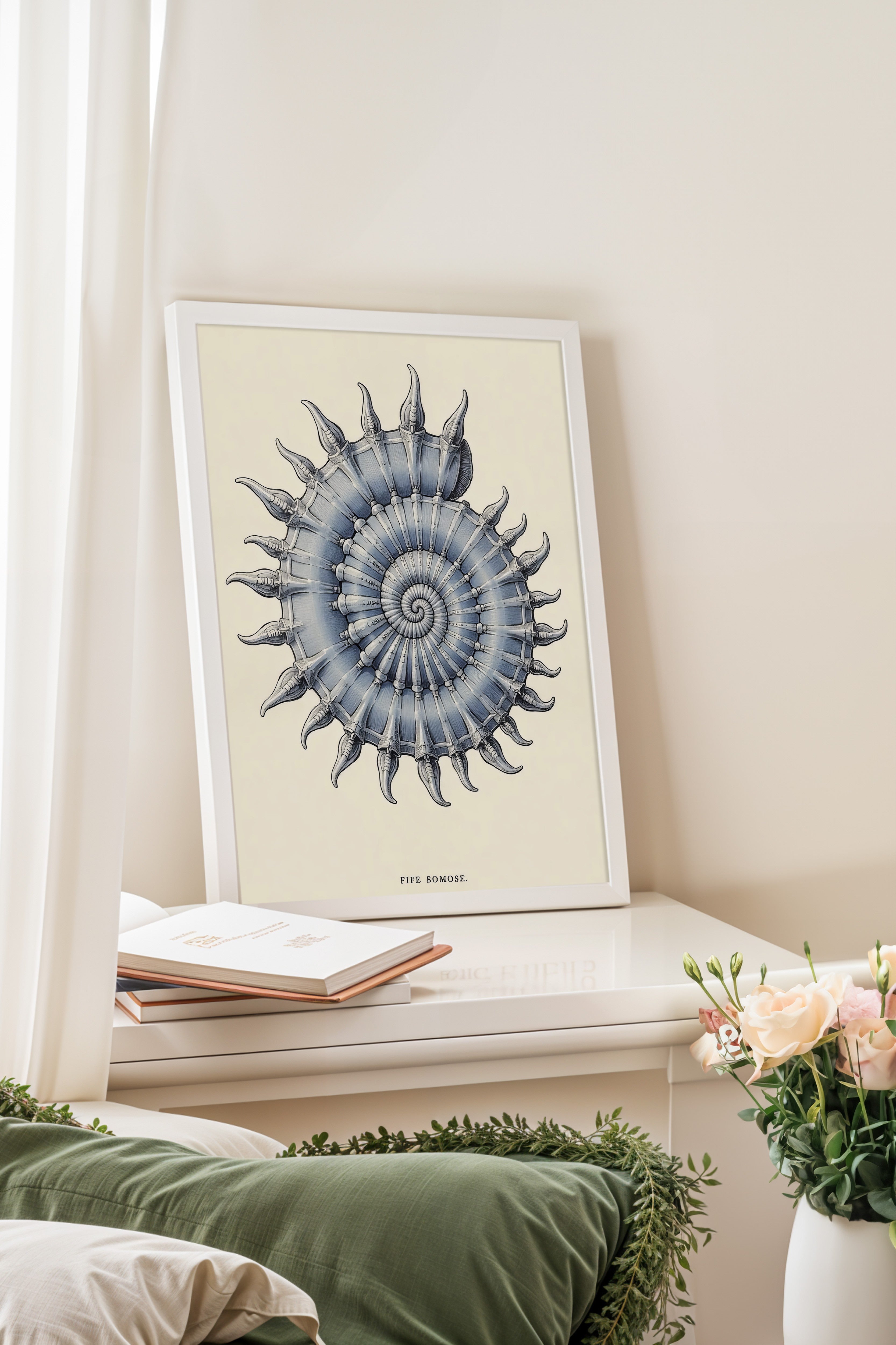Beyaz Çerçeveli Poster, Deniz Kabuğu, İllüstrasyon, Mavi Renk Poster, 2025 Yaz Seçkisi, NO:109574