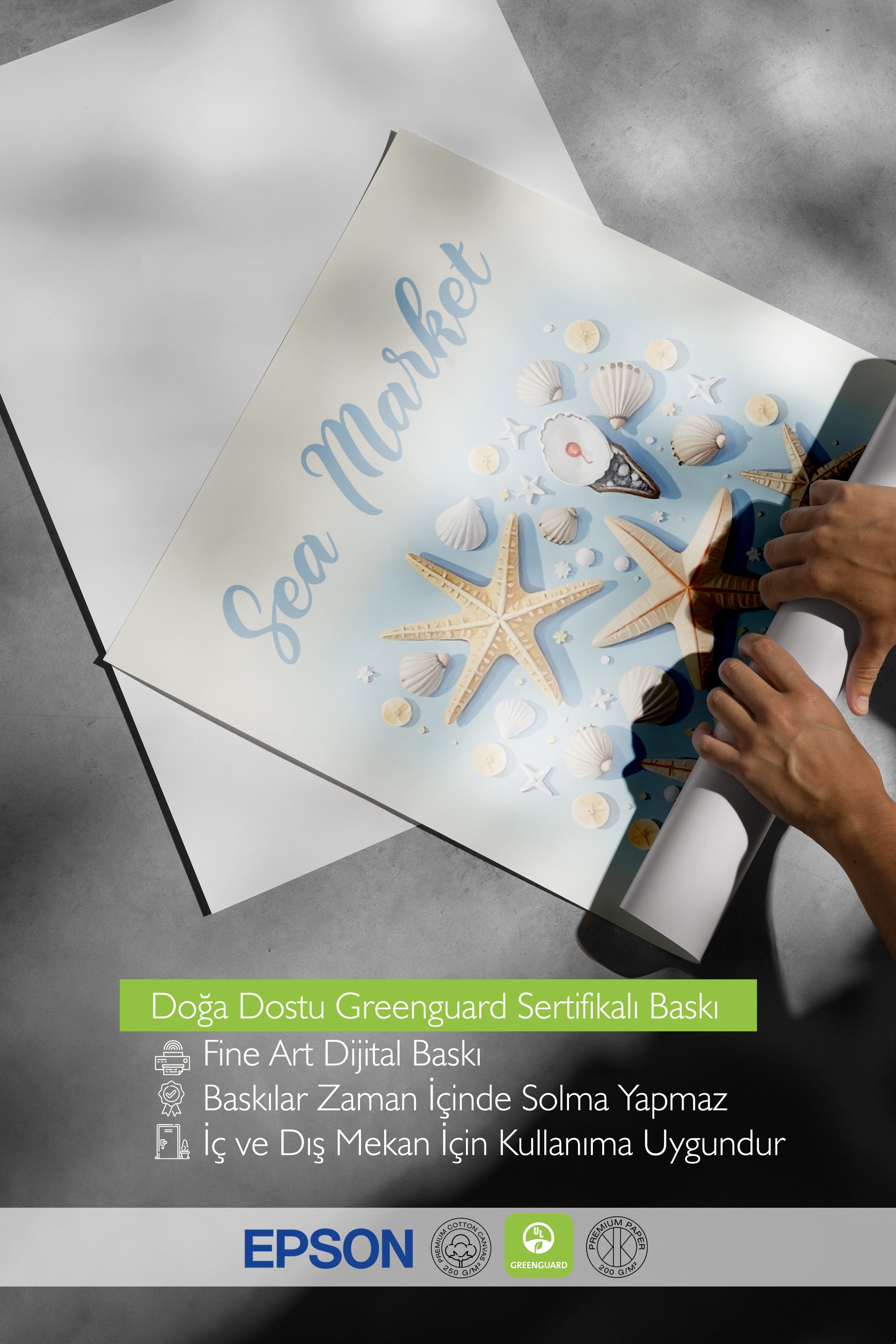 Beyaz Çerçeveli Poster, Deniz Pazarı, İllüstrasyon, Mavi Renk Poster, 2025 Yaz Seçkisi, NO:109581