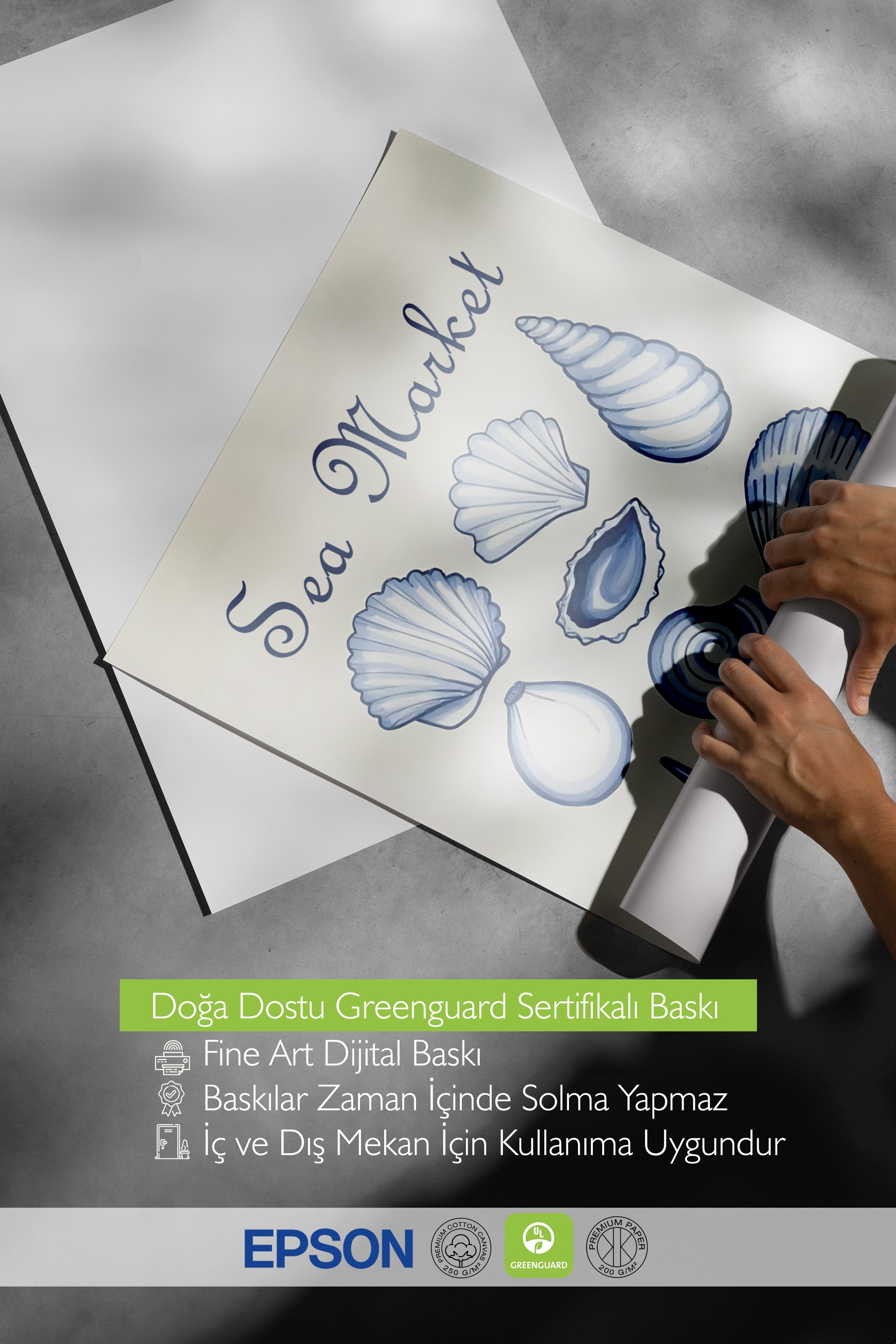 Beyaz Çerçeveli Poster, Deniz Pazarı, İllüstrasyon, Mavi Renk Poster, 2025 Yaz Seçkisi, NO:109582