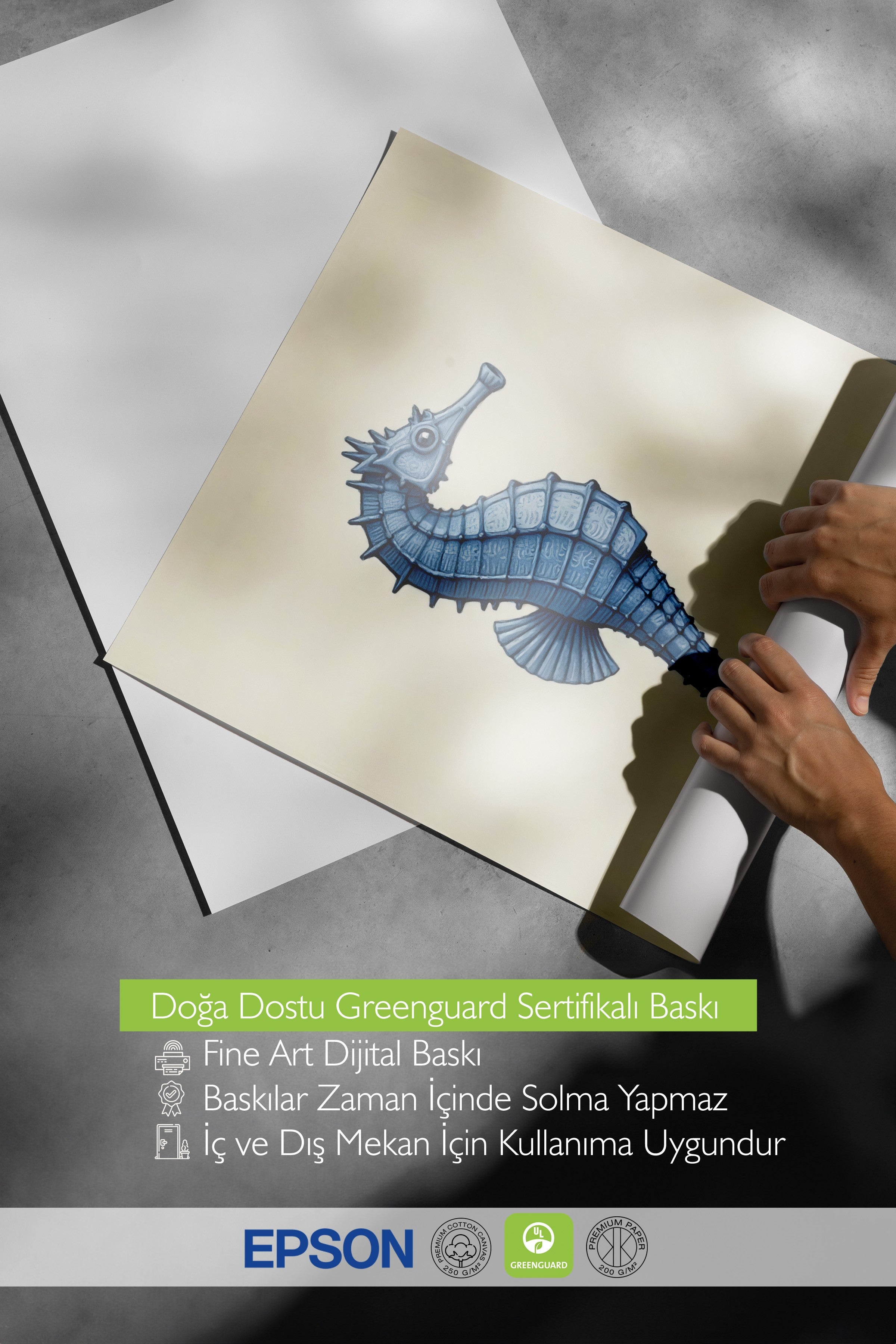 Beyaz Çerçeveli Poster, Denizatı, İllüstrasyon, Mavi Renk Poster, 2025 Yaz Seçkisi, NO:109578