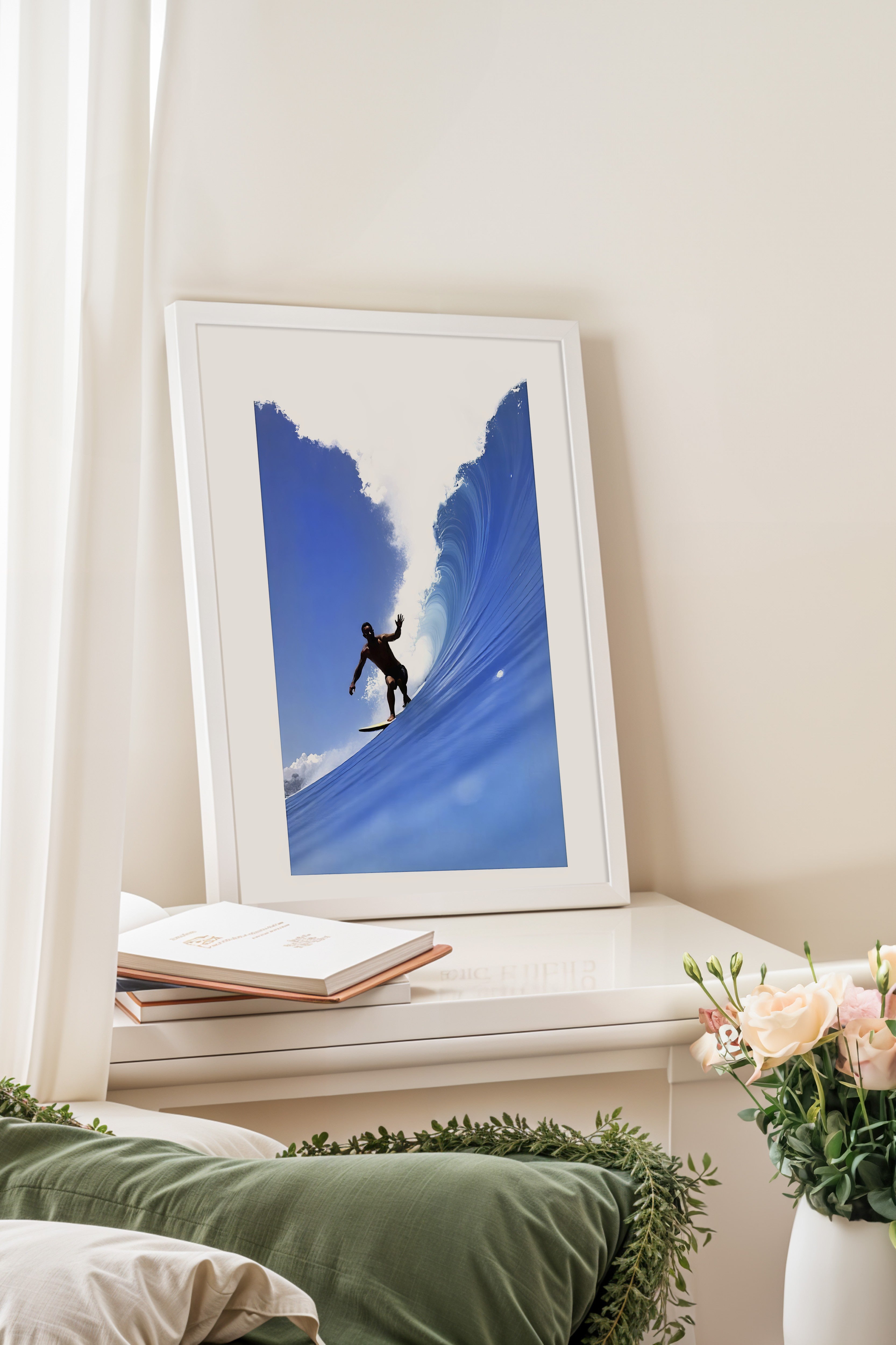Beyaz Çerçeveli Poster, Denizde Sörf, Fotoğraf, Mavi Renk Poster, 2025 Yaz Seçkisi, NO:109605