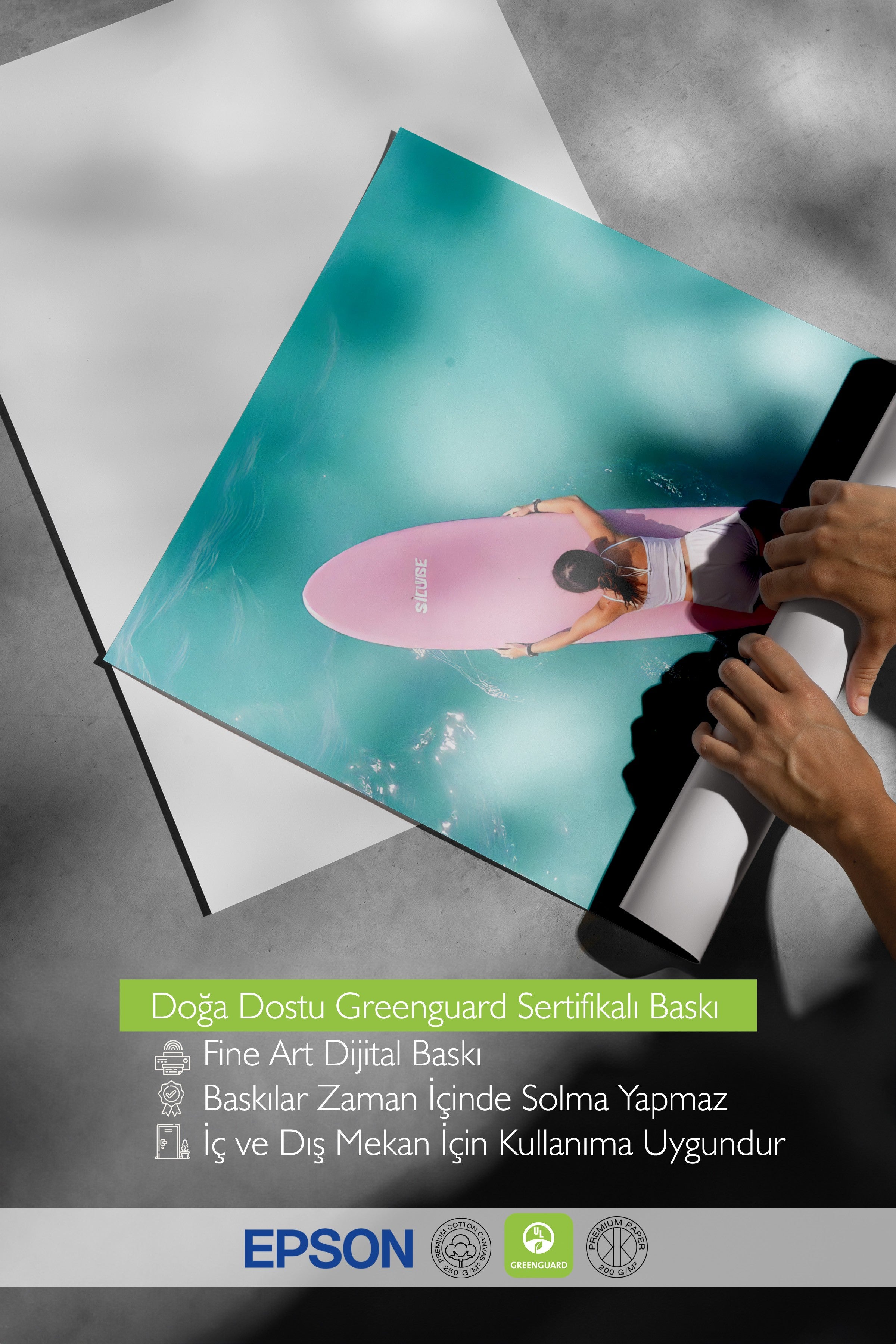 Beyaz Çerçeveli Poster, Denizde Sörf, İllüstrasyon, Mavi Renk Poster, 2025 Yaz Seçkisi, NO:109597