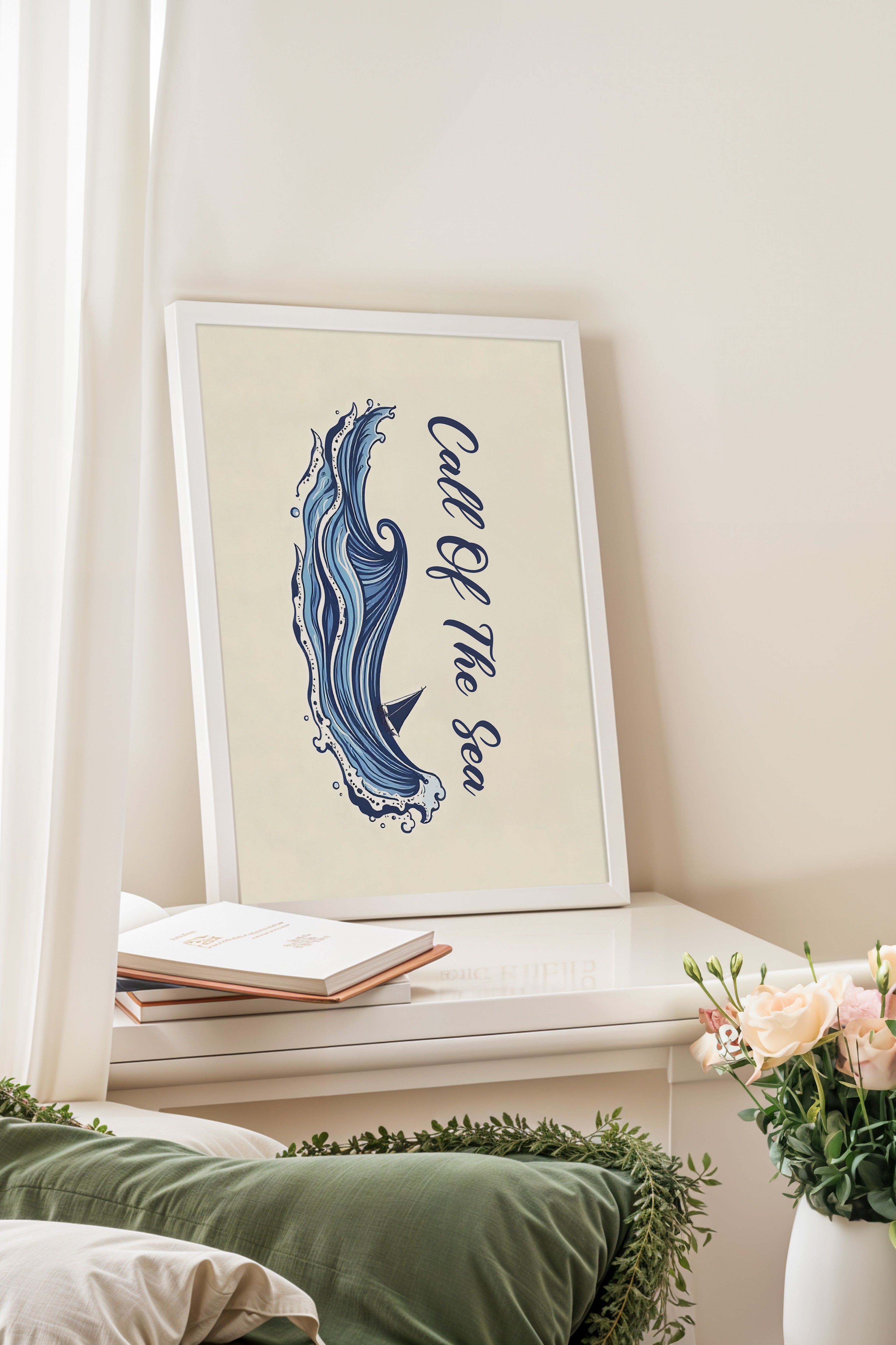 Beyaz Çerçeveli Poster, Denizin Çağrısı, İllüstrasyon, Mavi Renk Poster, 2025 Yaz Seçkisi, NO:109564