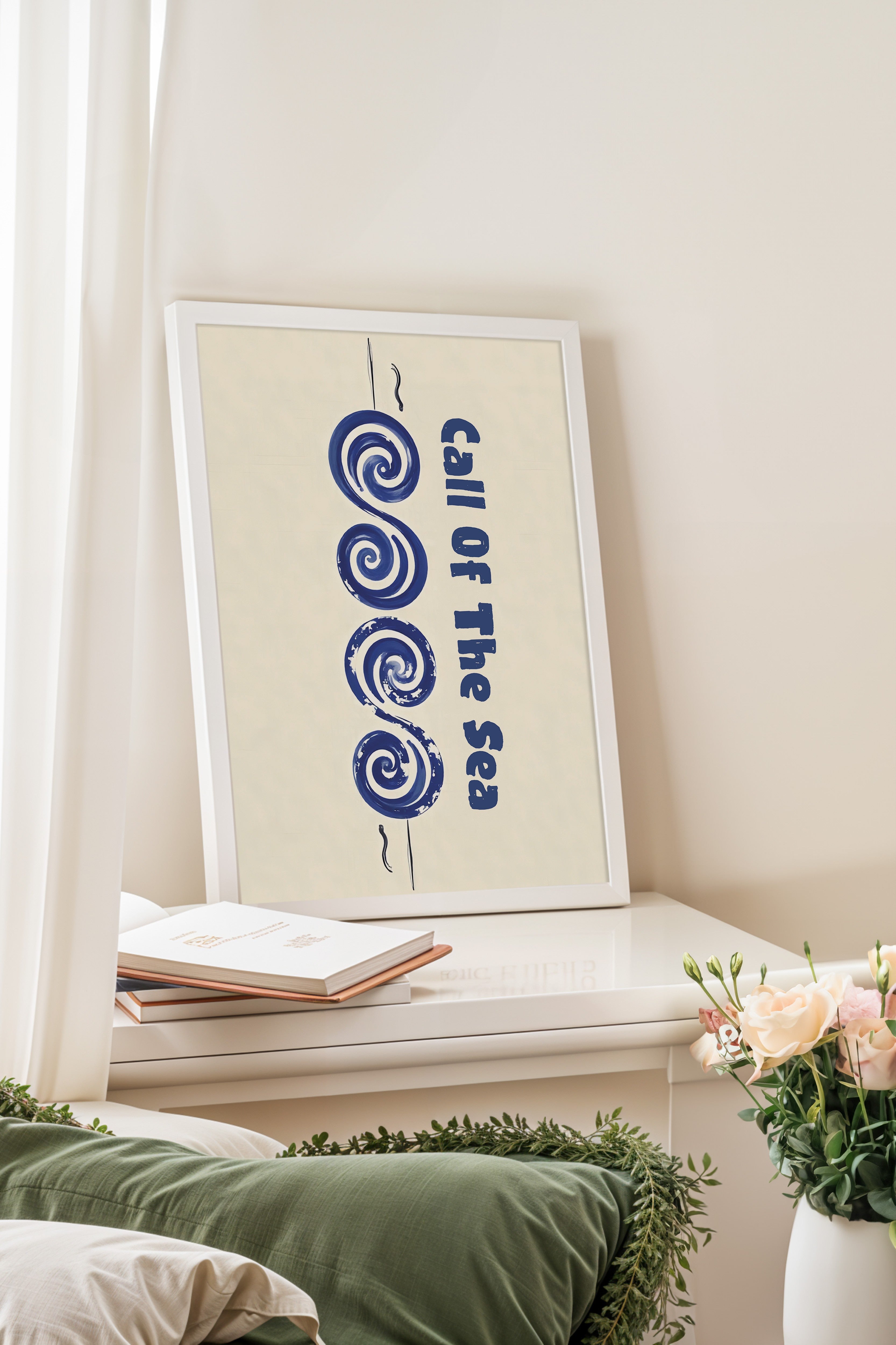 Beyaz Çerçeveli Poster, Denizin Çağrısı, İllüstrasyon, Mavi Renk Poster, 2025 Yaz Seçkisi, NO:109565