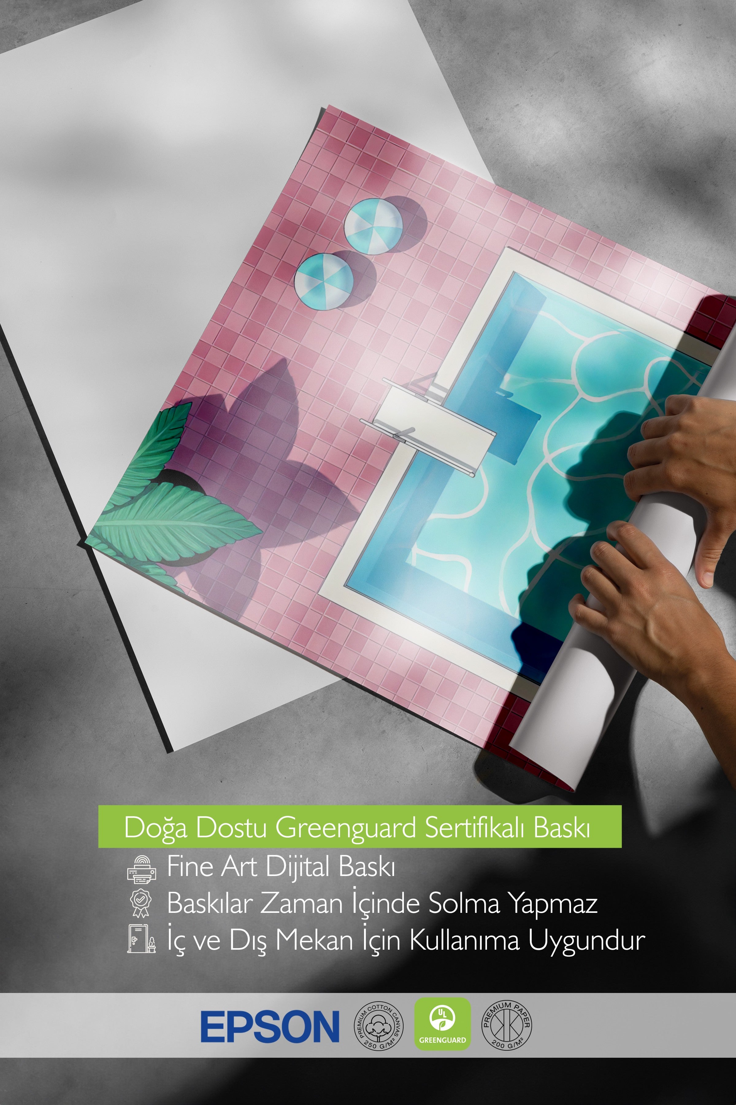 Beyaz Çerçeveli Poster, Havuz, İllüstrasyon, Pembe Renk Poster, 2025 Yaz Seçkisi, NO:109590