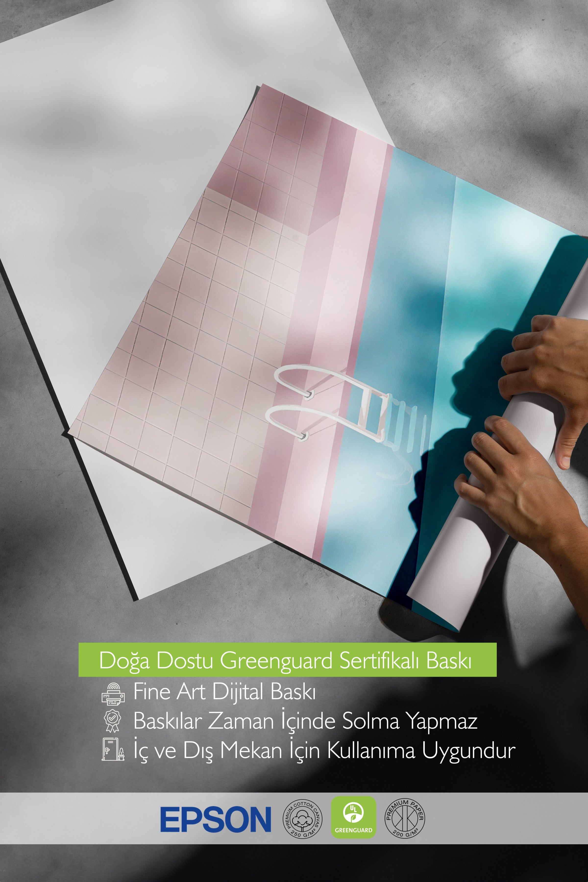 Beyaz Çerçeveli Poster, Havuz Kenarı, İllüstrasyon, Mavi Renk Poster, 2025 Yaz Seçkisi, NO:109589