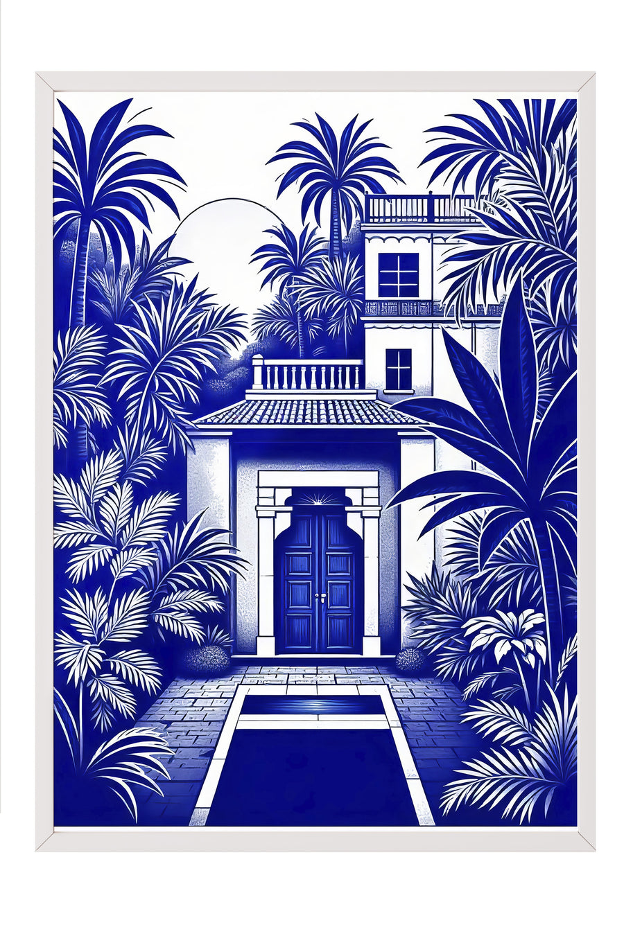 Tropikal Ev ve Palmiyeler Poster Poster – Beyaz Çerçeveli Tablo