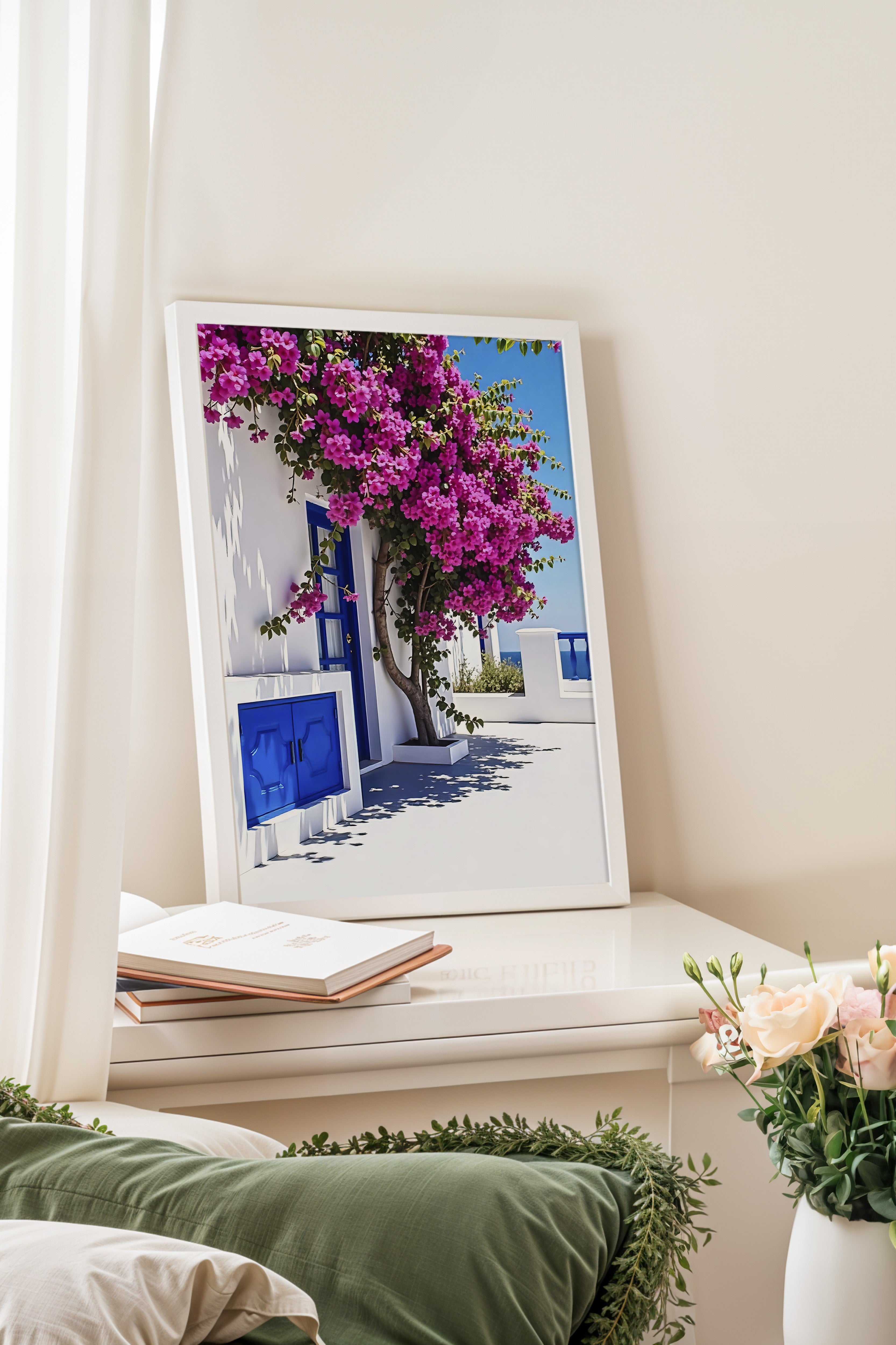 Beyaz Çerçeveli Poster, Pembe Çiçekler ve Ev, Fotoğraf, Mavi Renk Poster, 2025 Yaz Seçkisi, NO:109530