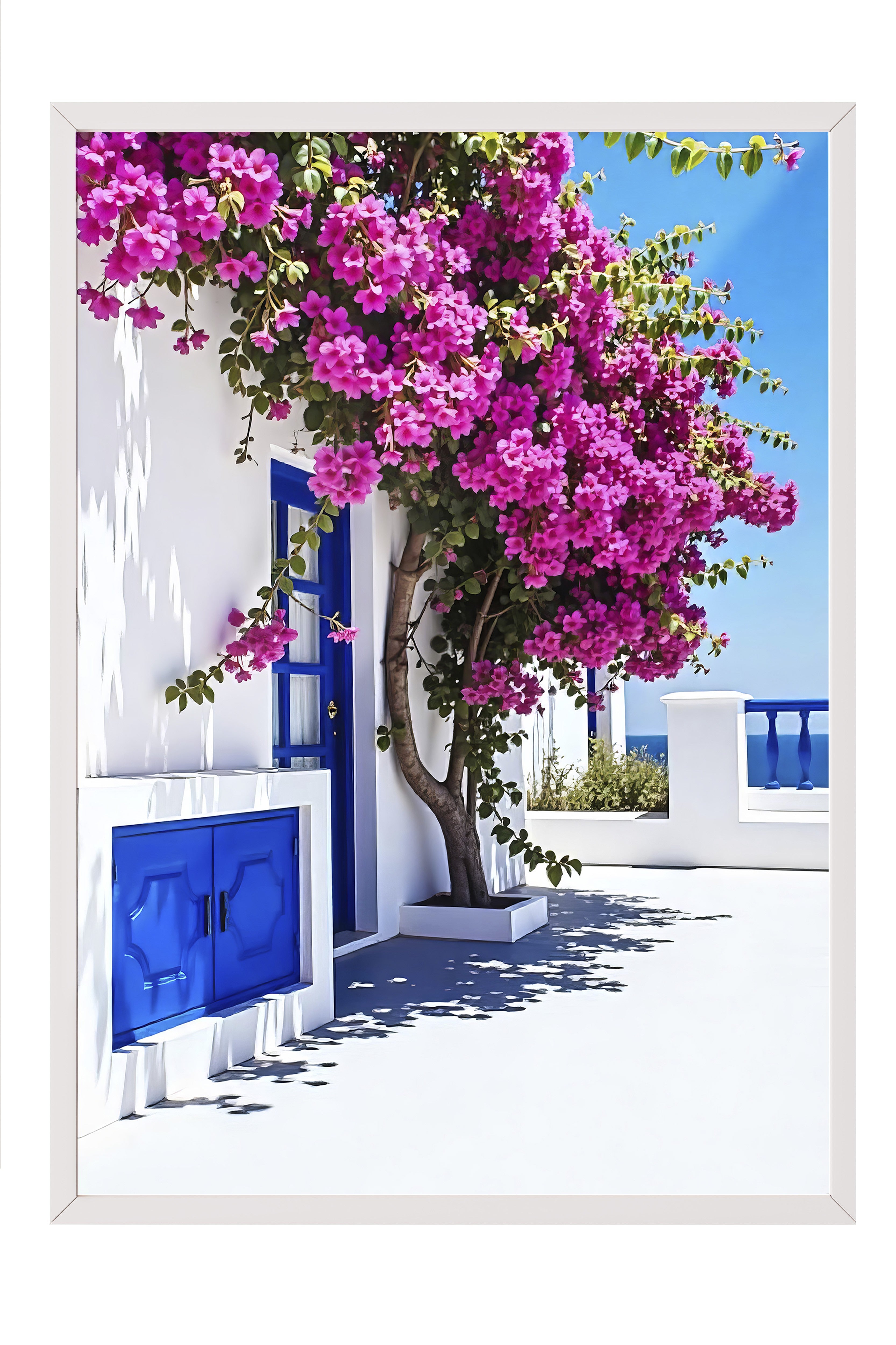 Beyaz Çerçeveli Poster, Pembe Çiçekler ve Ev, Fotoğraf, Mavi Renk Poster, 2025 Yaz Seçkisi, NO:109530