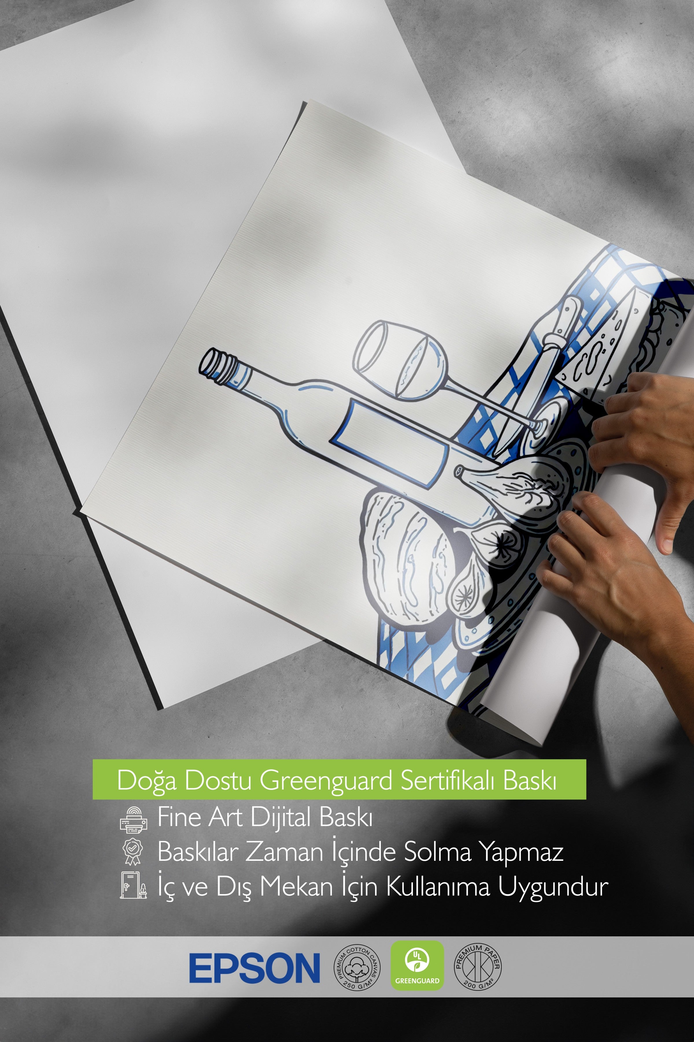 Beyaz Çerçeveli Poster, Piknikte Şarap, İllüstrasyon, Mavi Renk Poster, 2025 Yaz Seçkisi, NO:109659