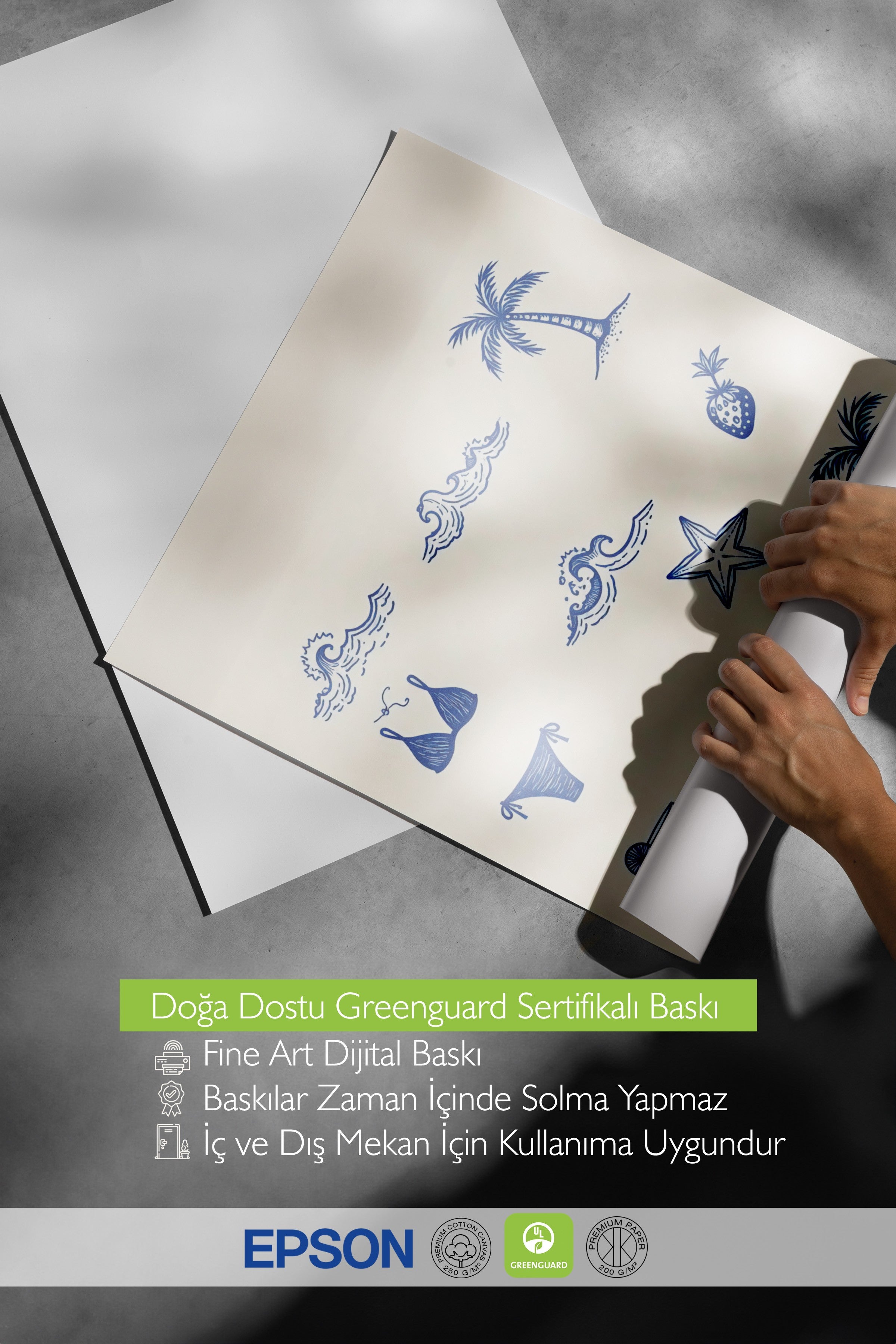Beyaz Çerçeveli Poster, Plaj Havası, İllüstrasyon, Mavi Renk Poster, 2025 Yaz Seçkisi, NO:109554