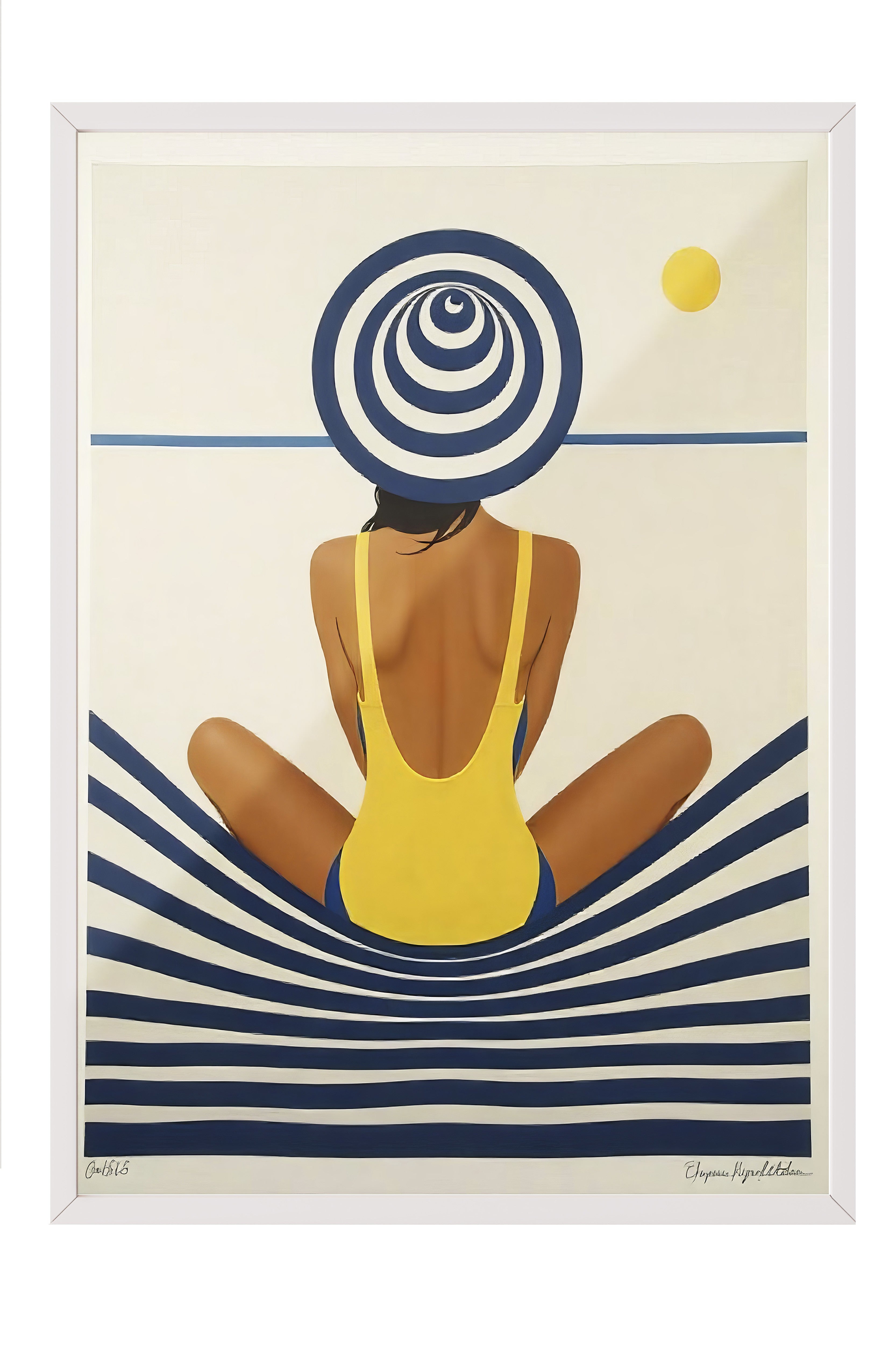 Beyaz Çerçeveli Poster, Plajdaki Kadın, İllüstrasyon, Sarı Renk Poster, 2025 Yaz Seçkisi, NO:109608