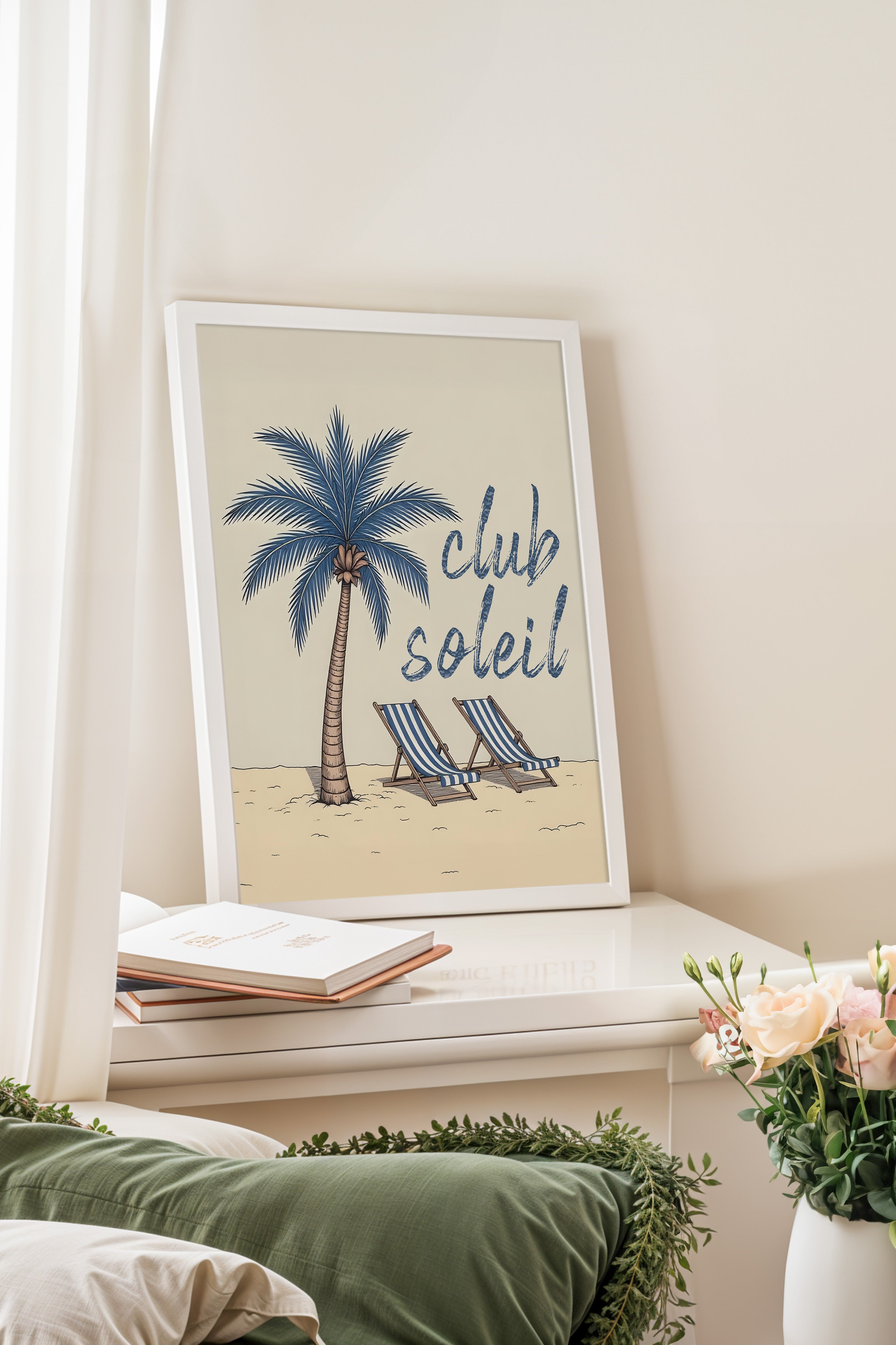 Beyaz Çerçeveli Poster, Soleil Kulübü, İllüstrasyon, Mavi Renk Poster, 2025 Yaz Seçkisi, NO:109563