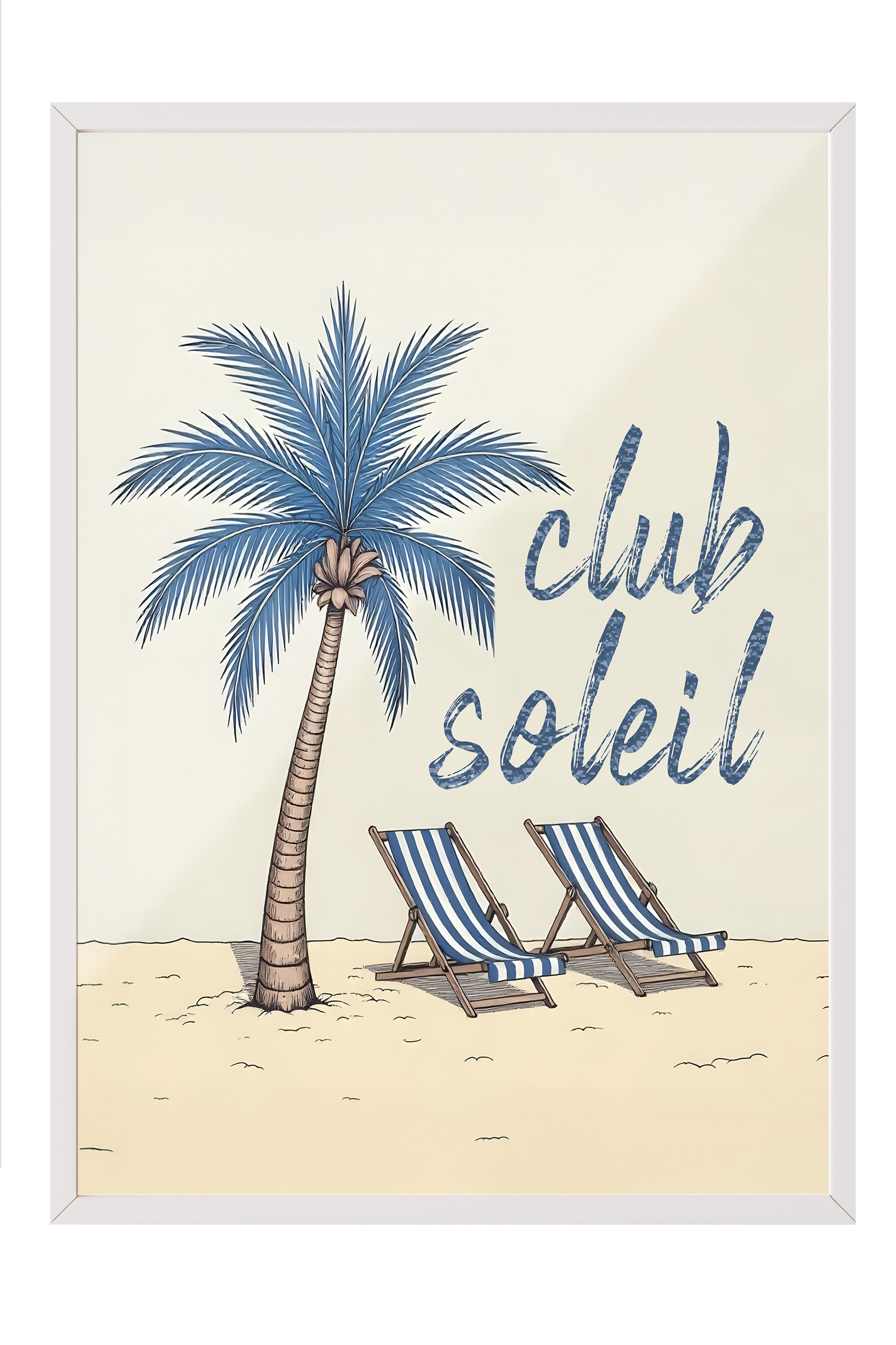 Beyaz Çerçeveli Poster, Soleil Kulübü, İllüstrasyon, Mavi Renk Poster, 2025 Yaz Seçkisi, NO:109563