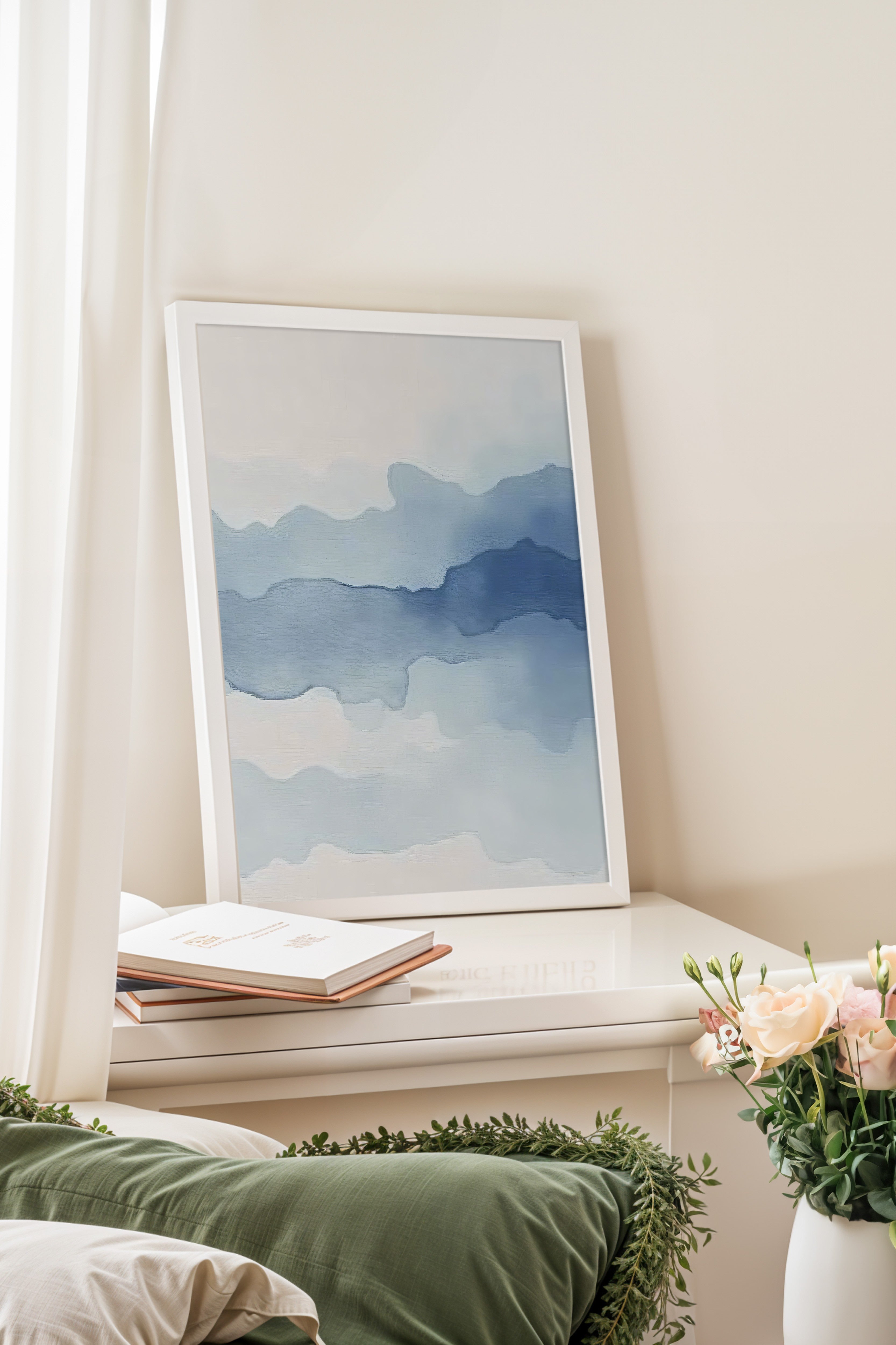Beyaz Çerçeveli Poster, Soyut Dalgalar, İllüstrasyon, Mavi Renk Poster, 2025 Yaz Seçkisi, NO:109669