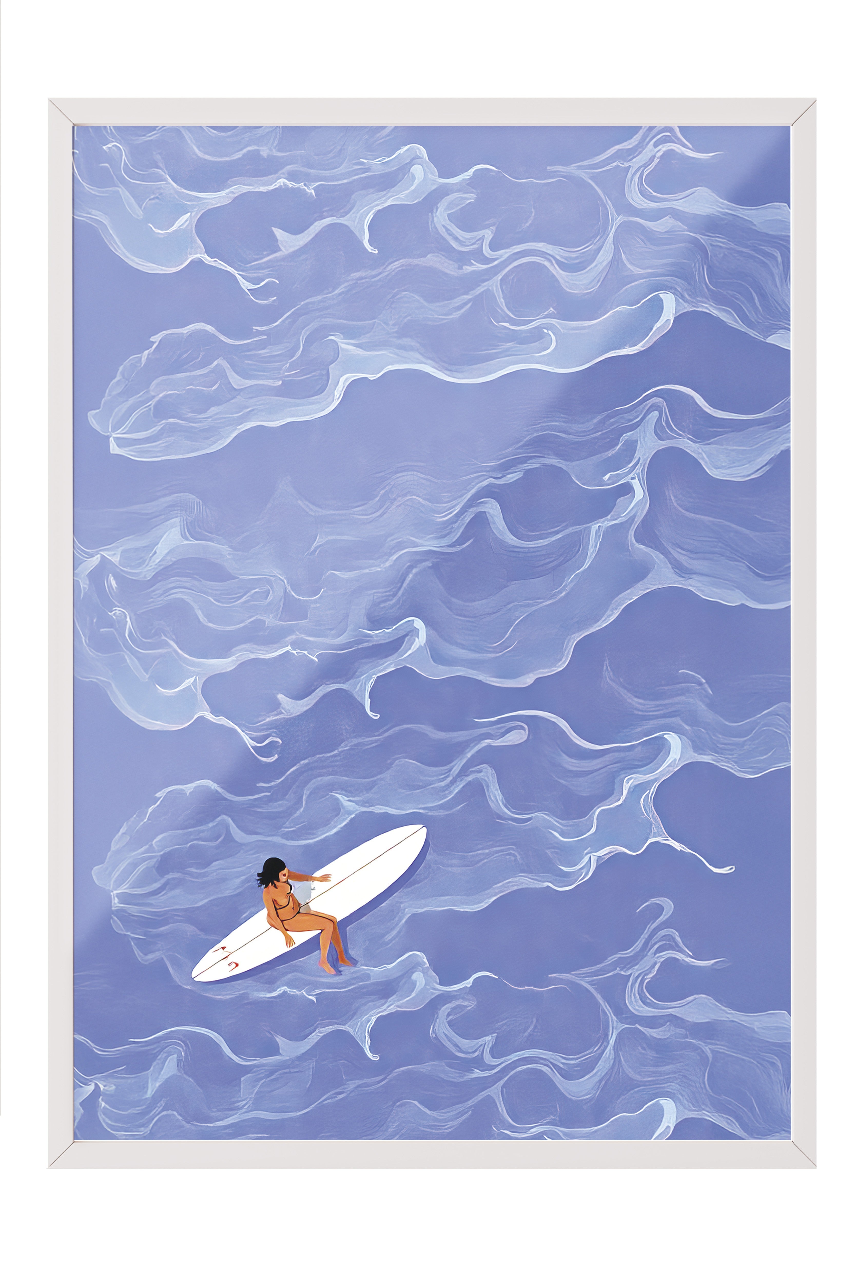 Beyaz Çerçeveli Poster Tablo, Kadın Sörfçü, İllüstrasyon, Mavi Renk Poster, 2025 Yaz Seçkisi, NO:109517