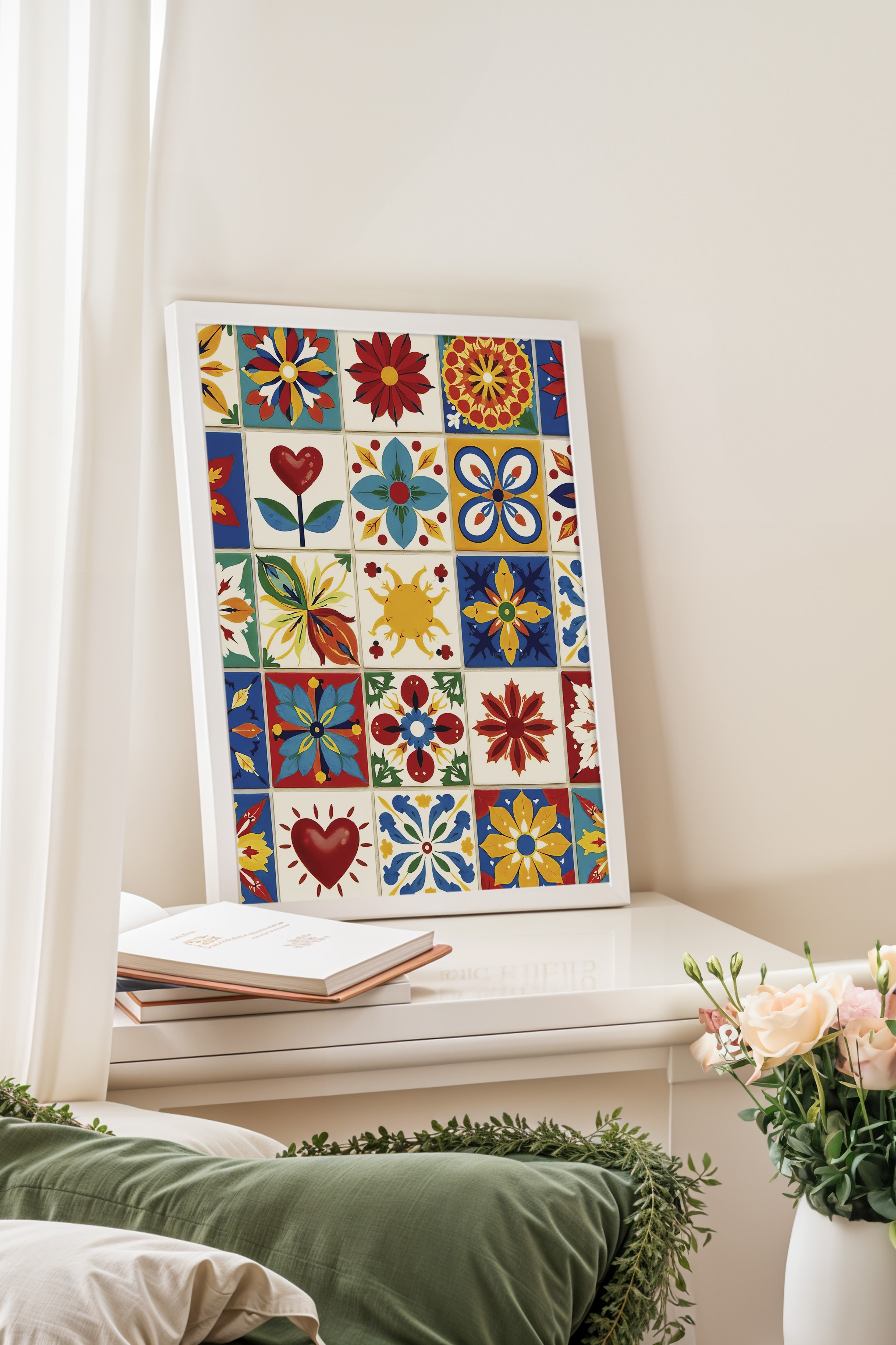 Beyaz Çerçeveli Poster Tablo, Karışık Renkli Kareler, İllüstrasyon, Maximalist, Kırmızı Renk Poster, 2025 Yaz Seçkisi, NO:109491