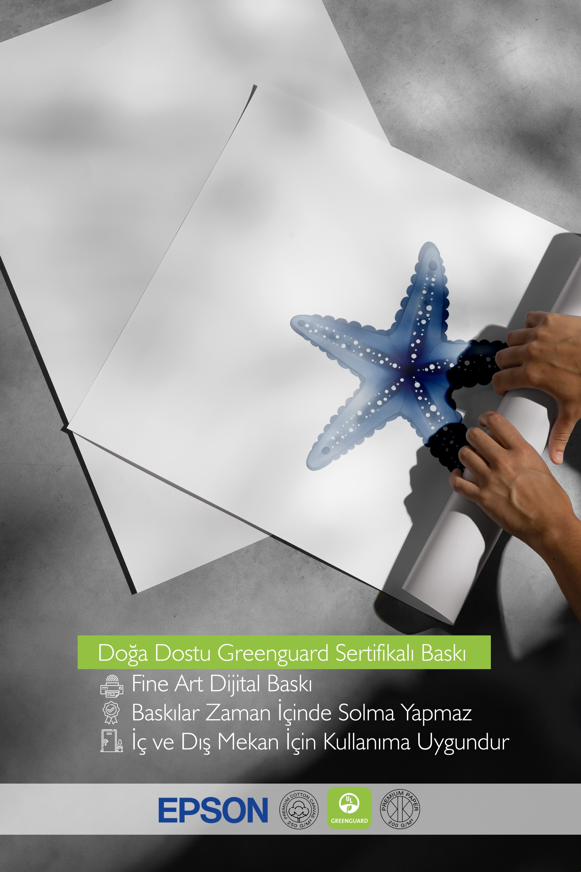 Beyaz Çerçeveli Poster Tablo, Mavi Deniz Yıldızı, İllüstrasyon, Mavi Renk Poster, 2025 Yaz Seçkisi, NO:109488