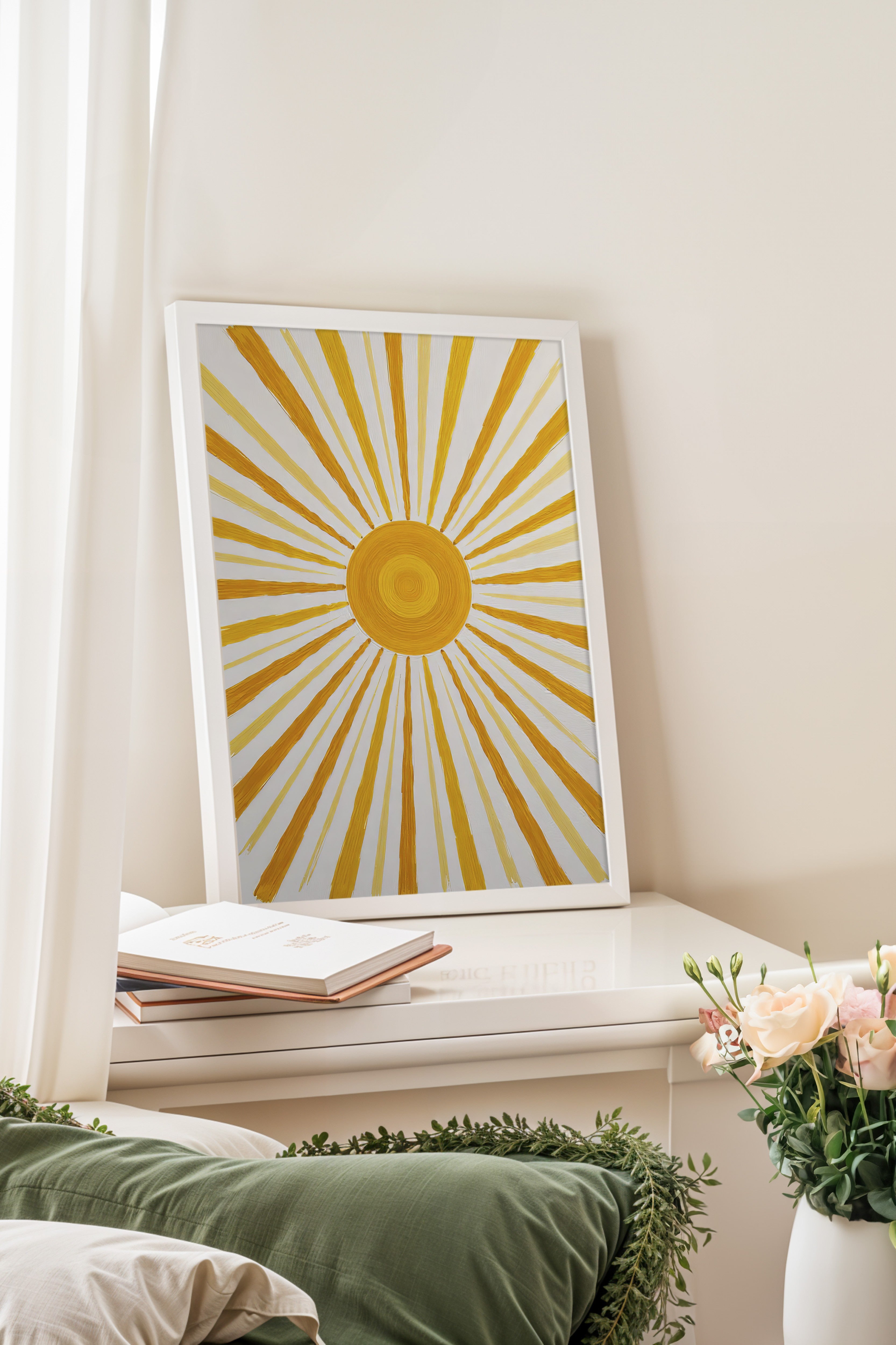 Beyaz Çerçeveli Poster Tablo, Parlak Güneş, Yağlı Boya, Sarı Renk Poster, 2025 Yaz Seçkisi, NO:109521