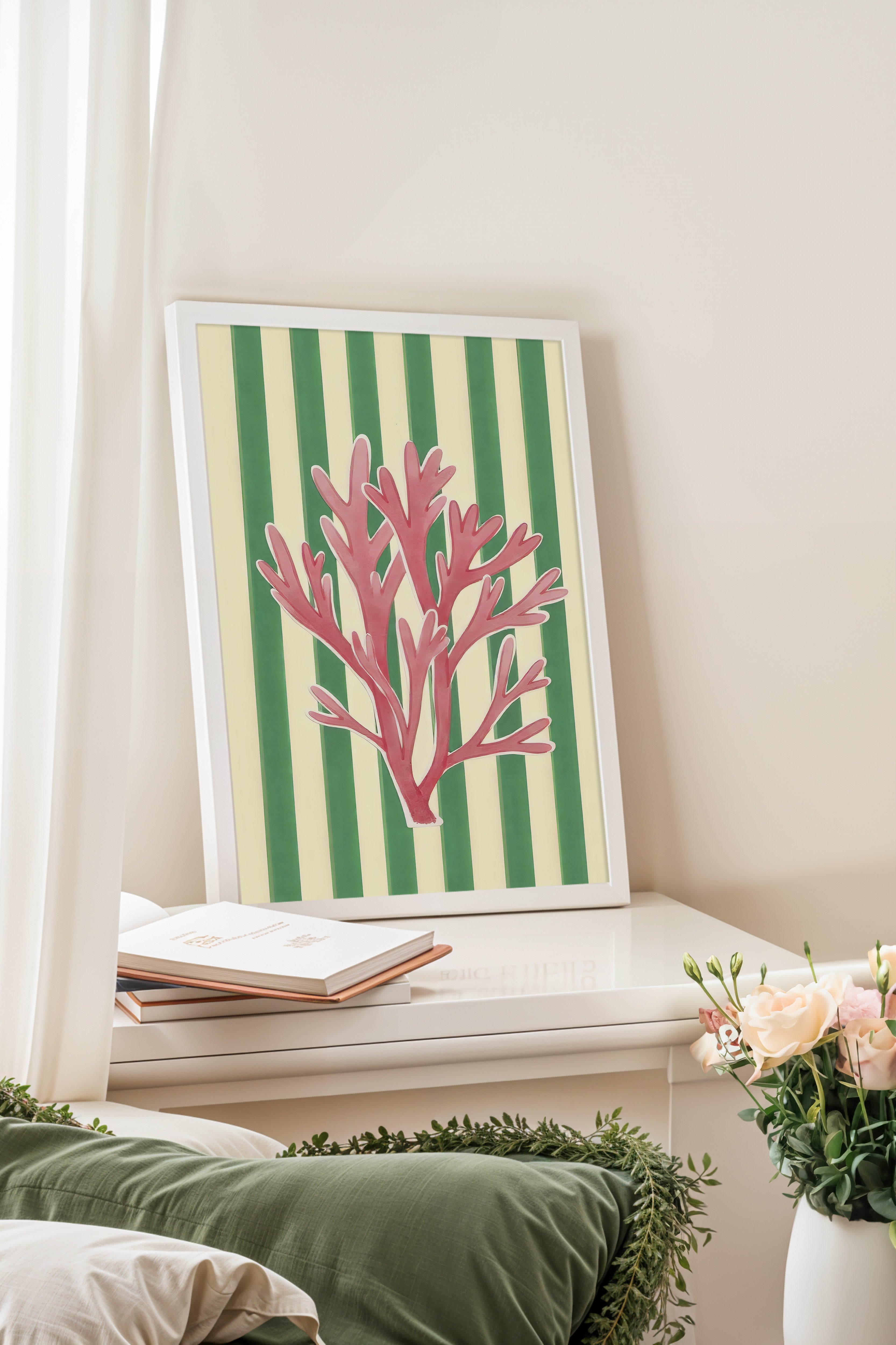 Beyaz Çerçeveli Poster Tablo, Pembe Mercan, İllüstrasyon, Pembe Renk Poster, 2025 Yaz Seçkisi, NO:109506