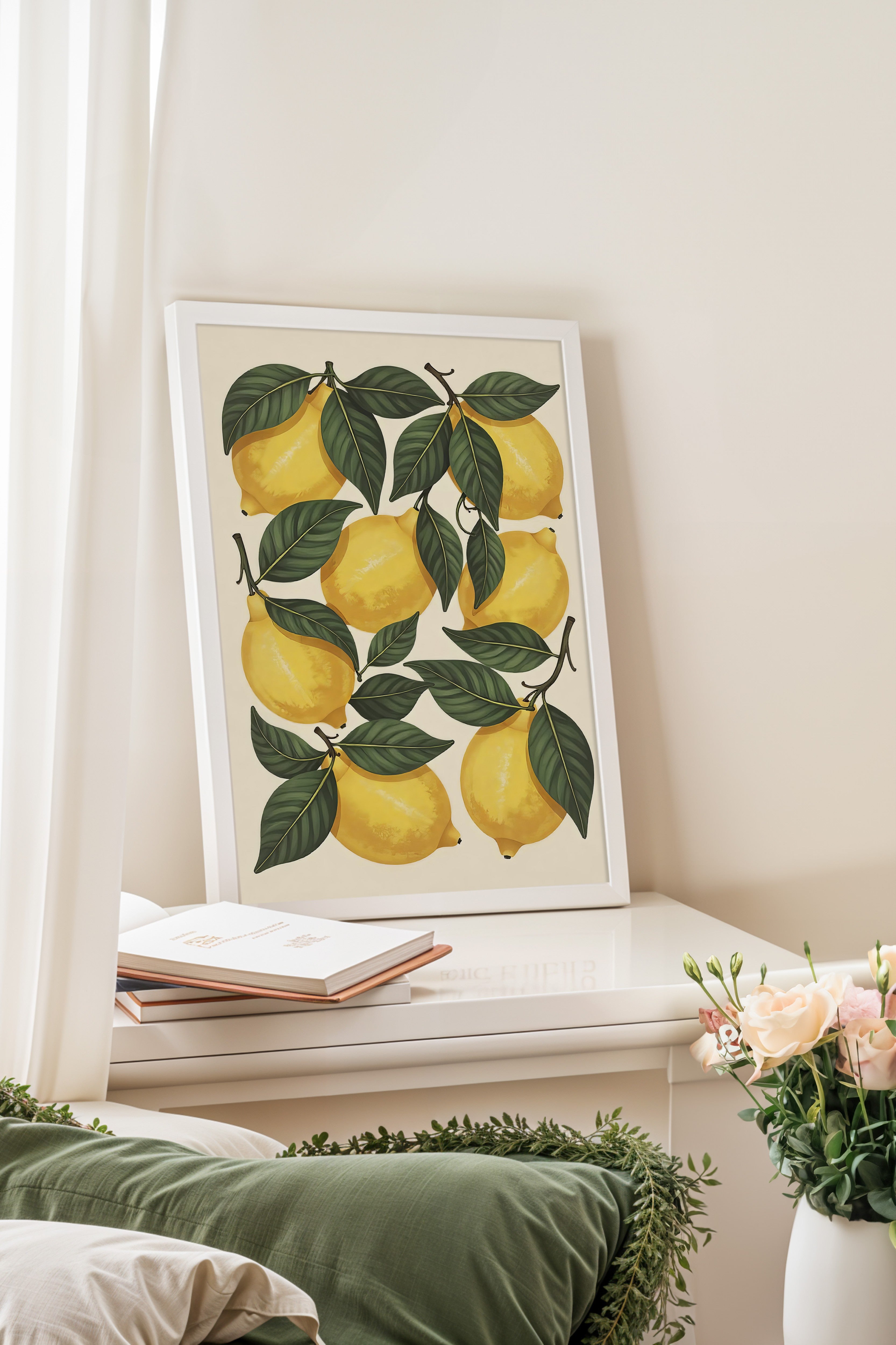 Beyaz Çerçeveli Poster Tablo, Sarı Limonlar, İllüstrasyon, Sarı Renk Poster, 2025 Yaz Seçkisi, NO:109497