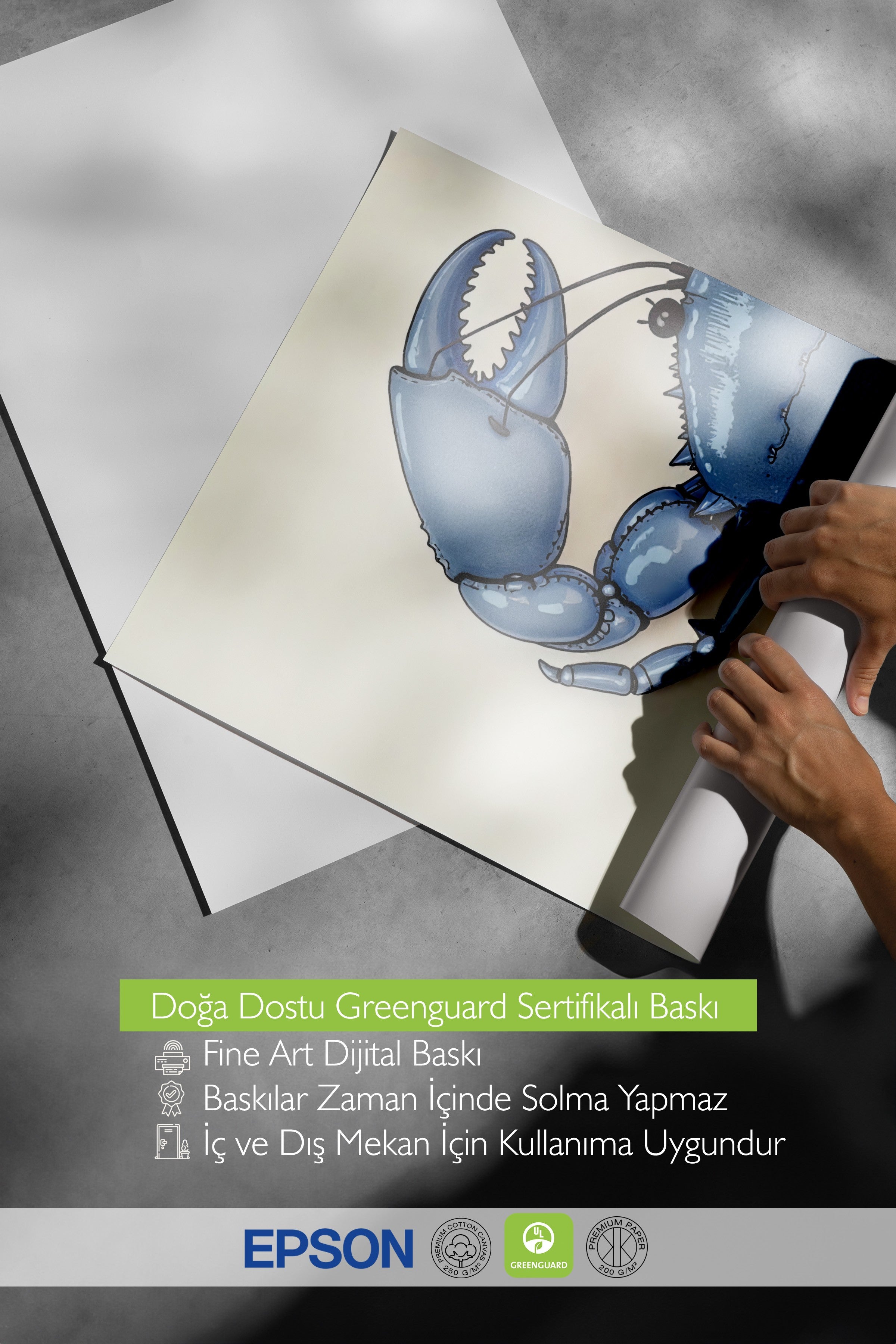 Beyaz Çerçeveli Poster, Yengeç, İllüstrasyon, Mavi Renk Poster, 2025 Yaz Seçkisi, NO:109573