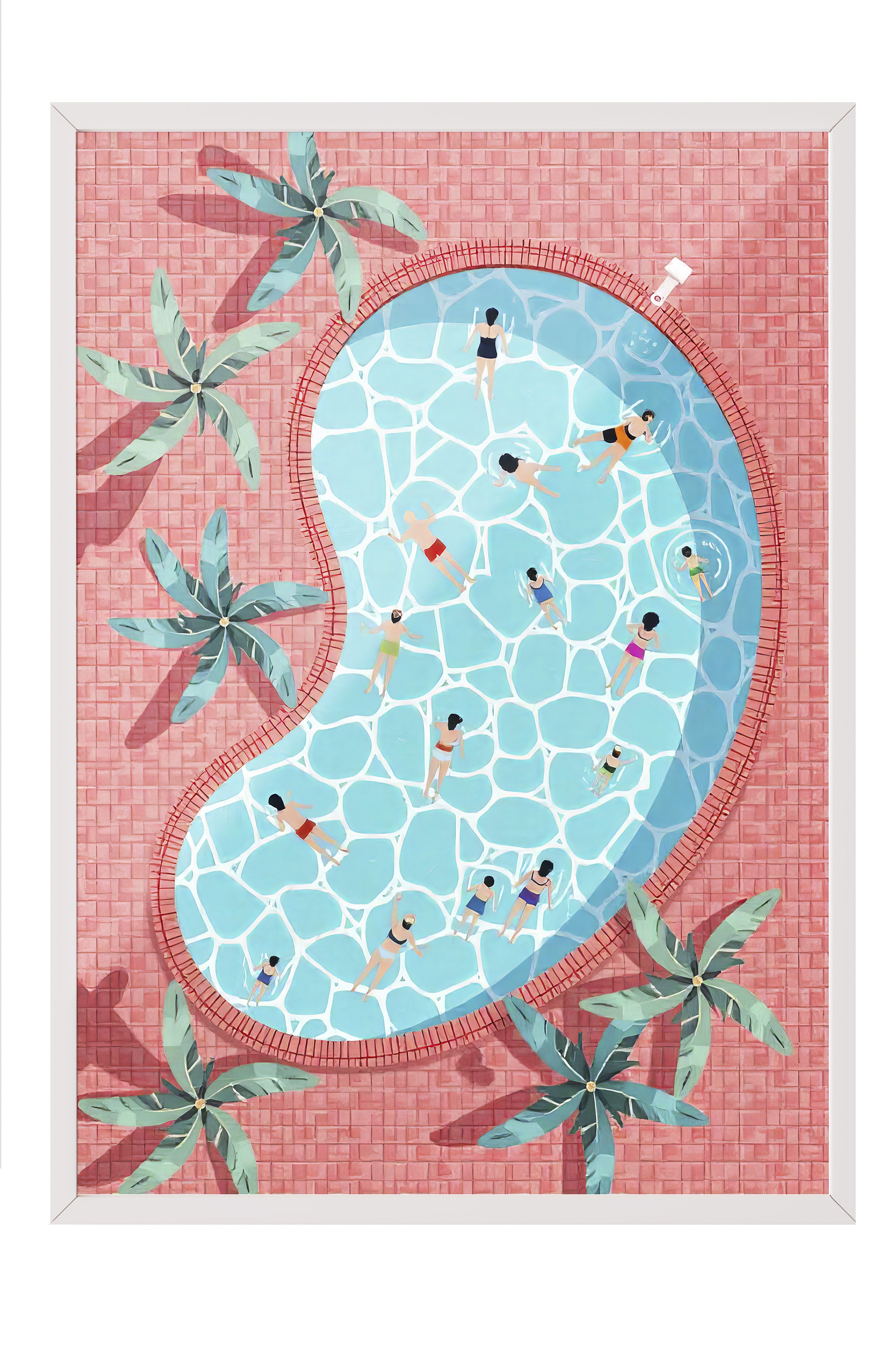 Beyaz Çerçeveli Poster, Zengin Havuz, İllüstrasyon, Maximalist, Pembe Renk Poster, 2025 Yaz Seçkisi, NO:109583