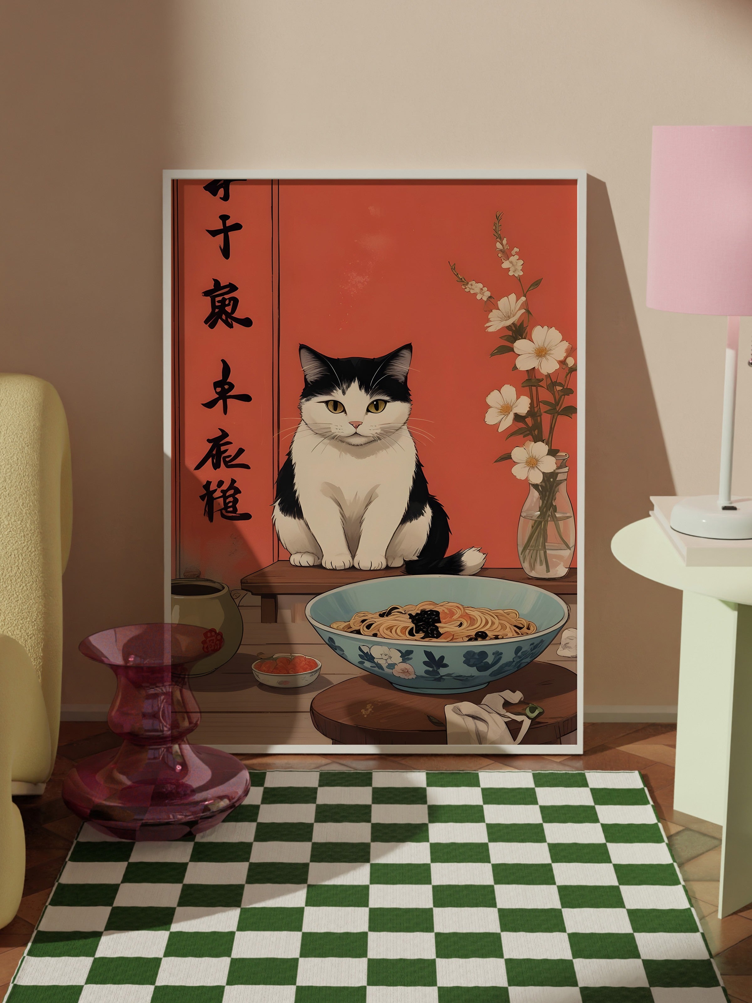 Beyaz Çerçeveli Tablo, A Cat For A Ramen, Comfort Serisi Mutfak Duvar Tablosu, NO:109161