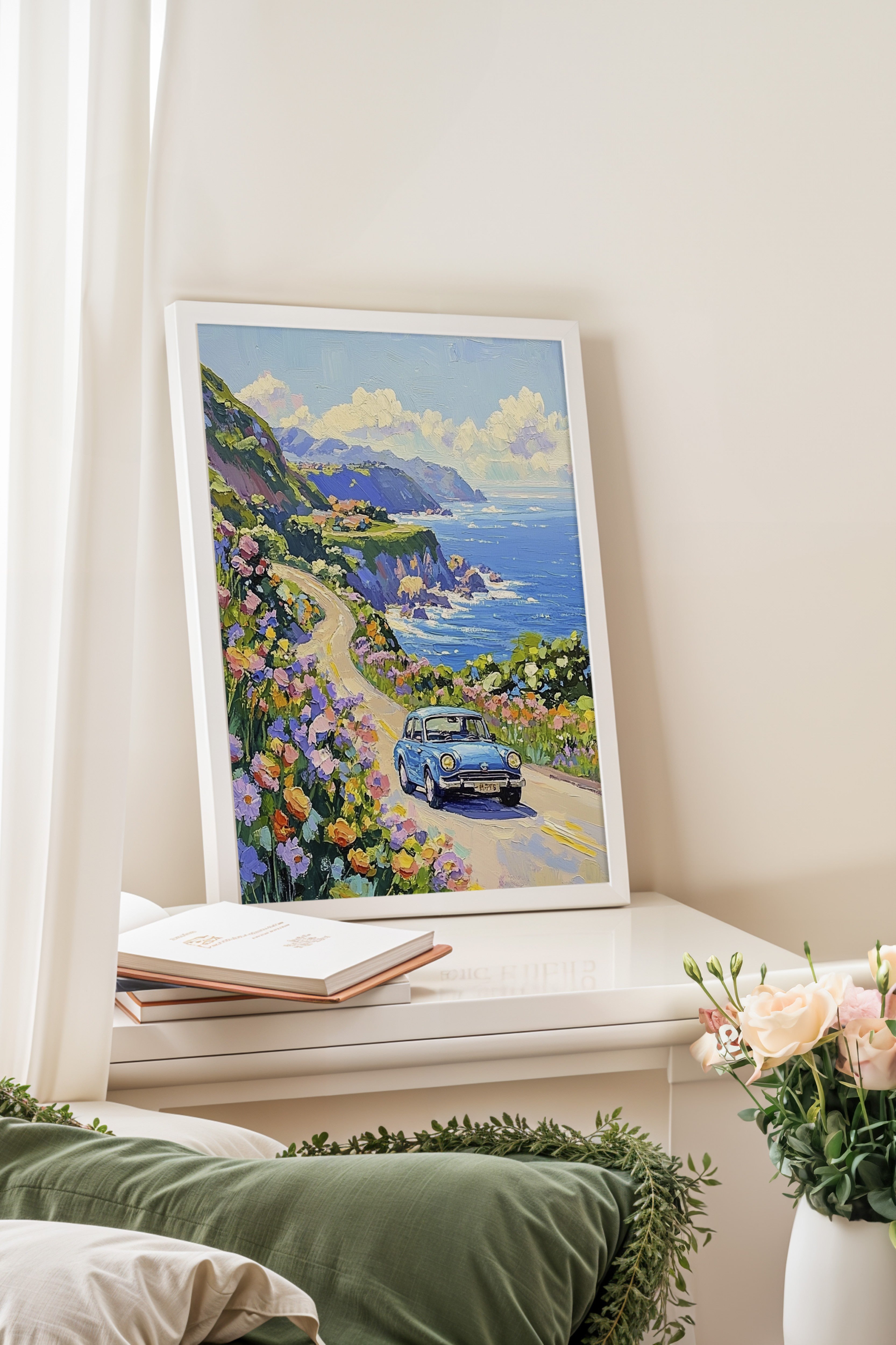 Beyaz Çerçeveli Tablo, Araba, Çiçek, Yol, İzlenimci, Mavi, Pastel Tonlar Renk Poster, 2025 Yaz Seçkisi, NO:109812