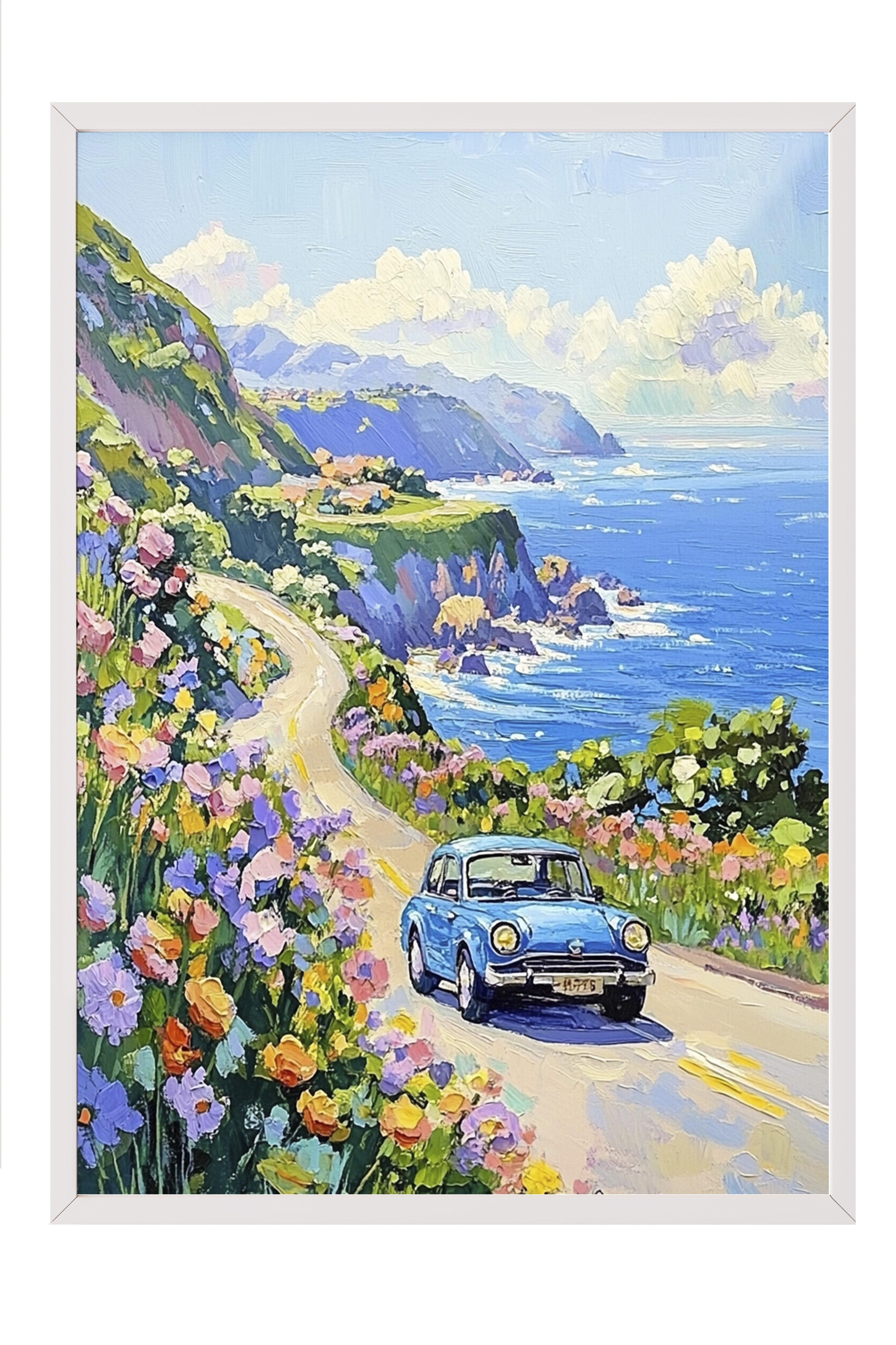 Beyaz Çerçeveli Tablo, Araba, Çiçek, Yol, İzlenimci, Mavi, Pastel Tonlar Renk Poster, 2025 Yaz Seçkisi, NO:109812