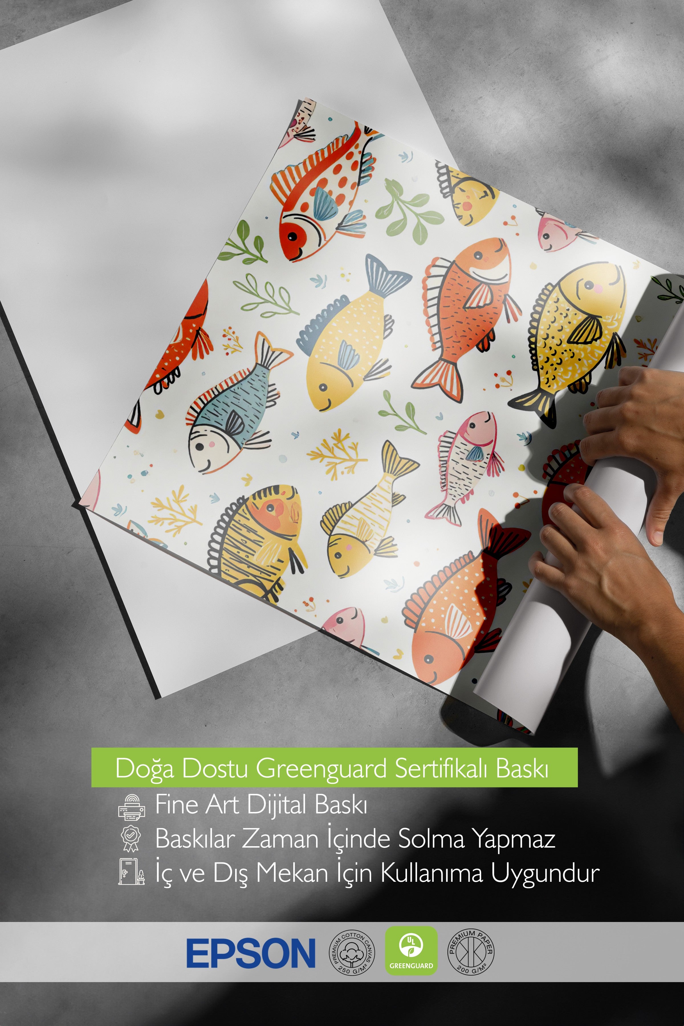 Beyaz Çerçeveli Tablo, Balık Grubu, İllüstrasyon Maximalist, Sarı Renk Poster, 2025 Yaz Seçkisi, NO:109756