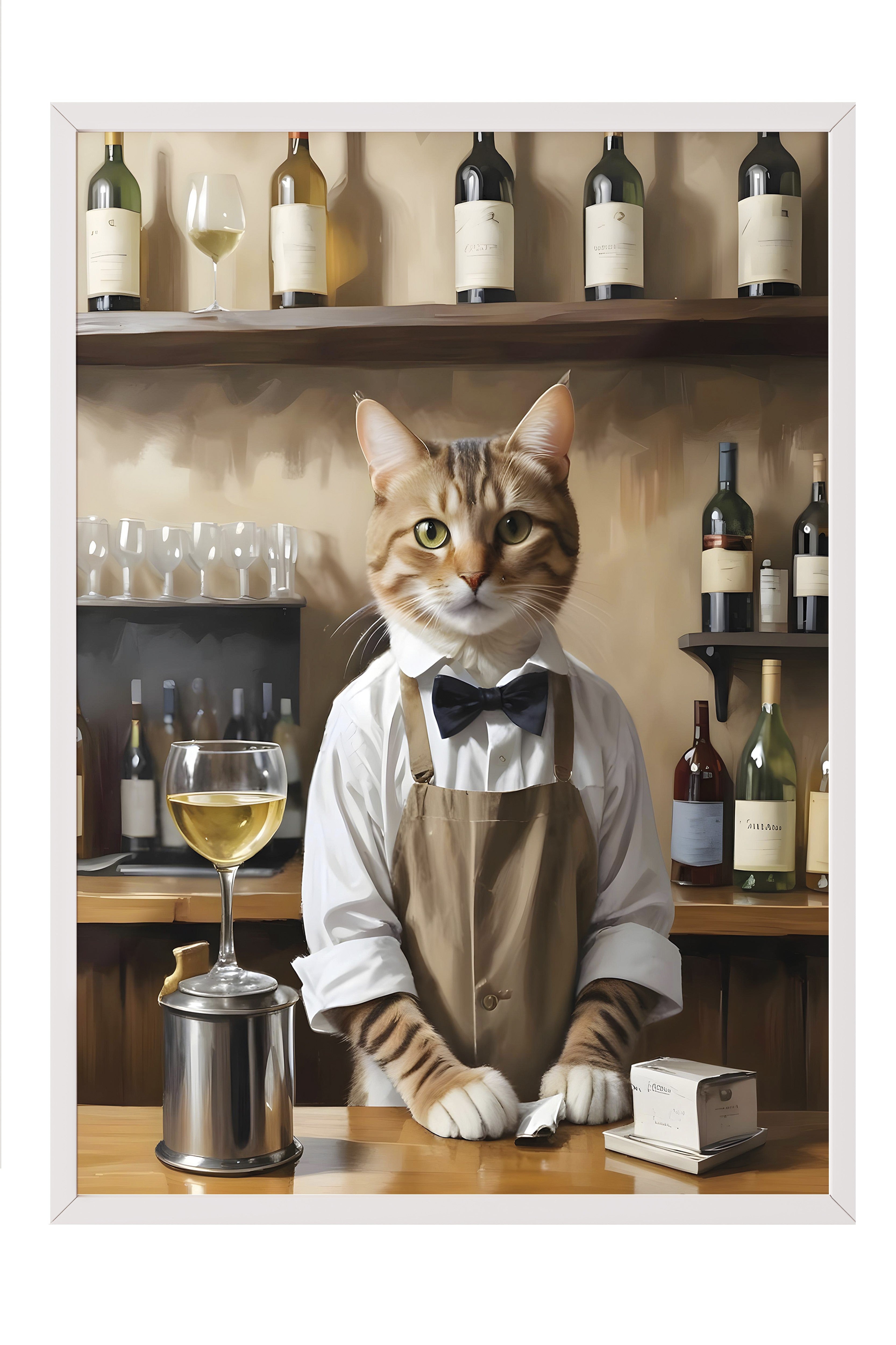 Beyaz Çerçeveli Tablo, Barista Cat, Comfort Serisi Poster ve Duvar Tablosu, NO:108928