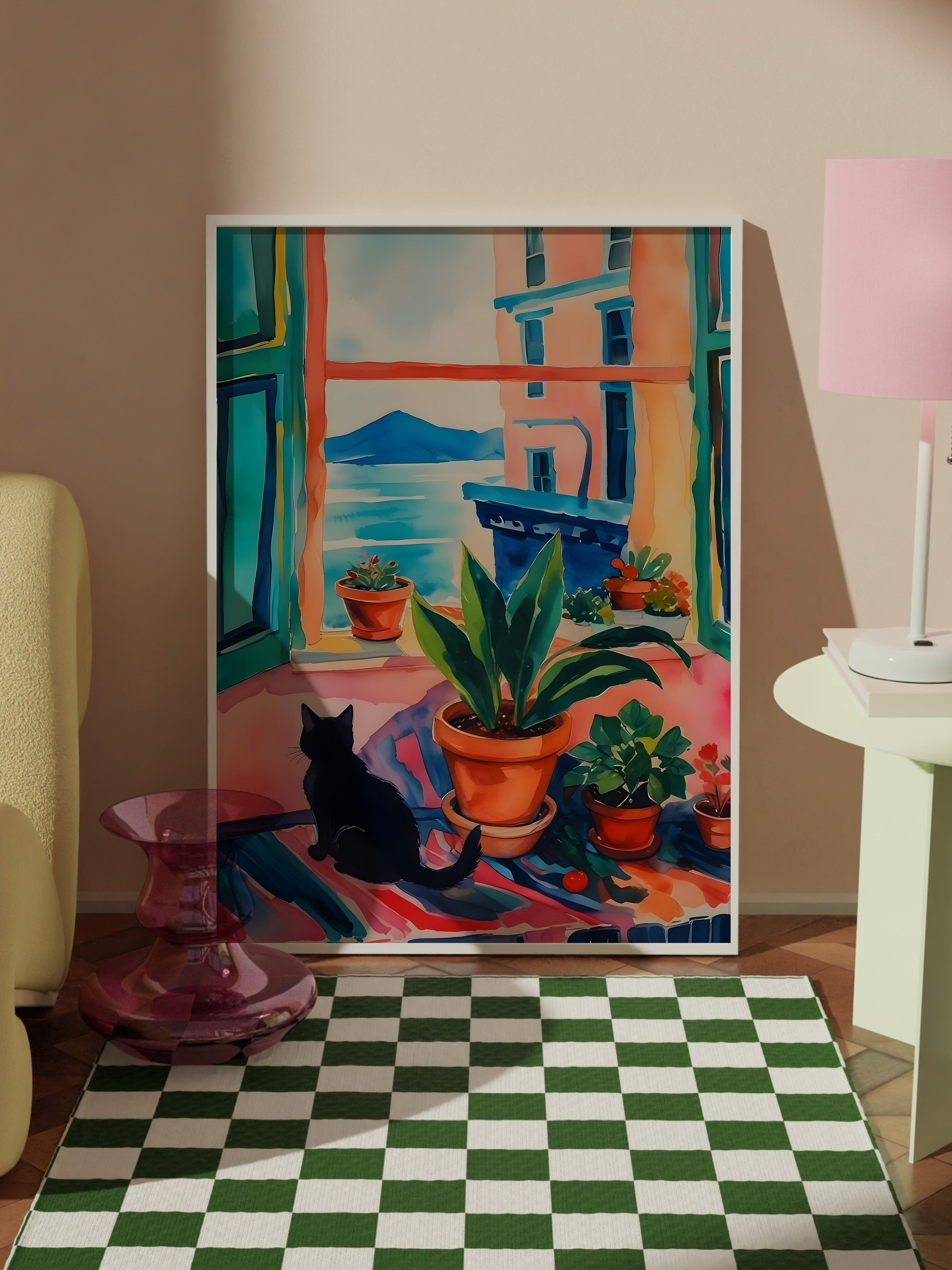Beyaz Çerçeveli Tablo, Black Cat  , Comfort Serisi Poster ve  Duvar Tablosu, NO:108963
