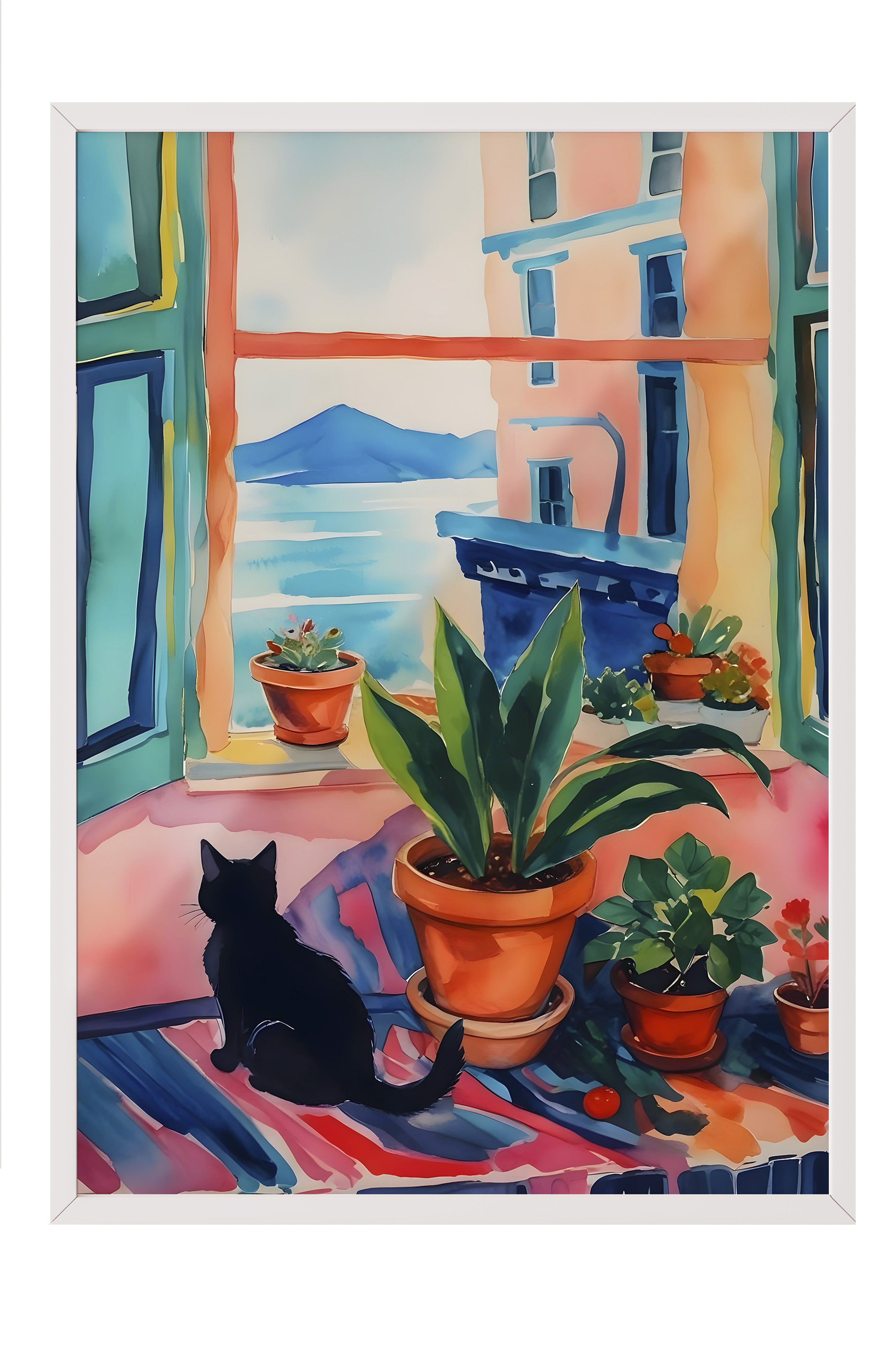 Beyaz Çerçeveli Tablo, Black Cat  , Comfort Serisi Poster ve  Duvar Tablosu, NO:108963