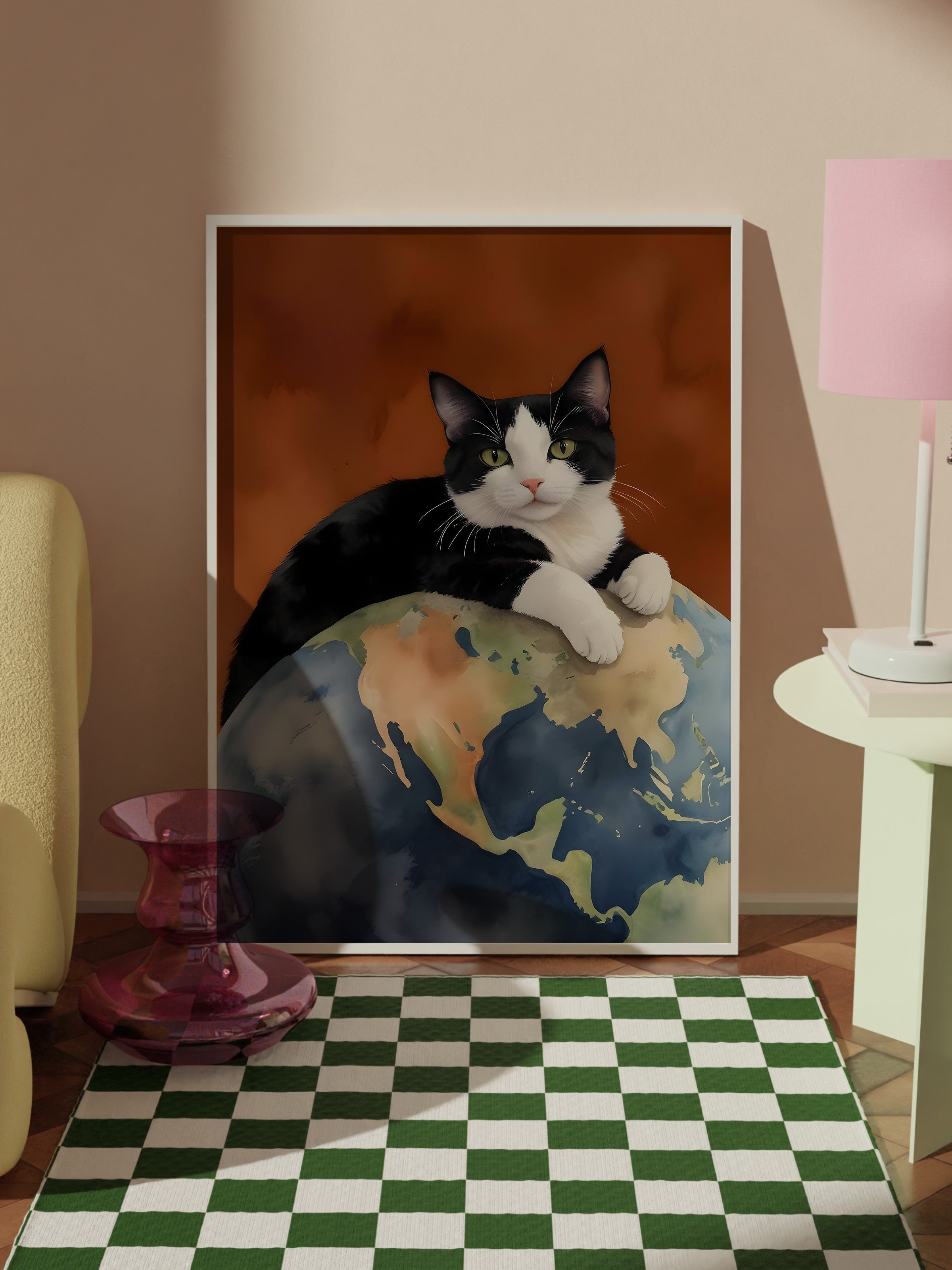 Beyaz Çerçeveli Tablo, Black Cat on World, Comfort Serisi Poster ve  Duvar Tablosu, NO:108964